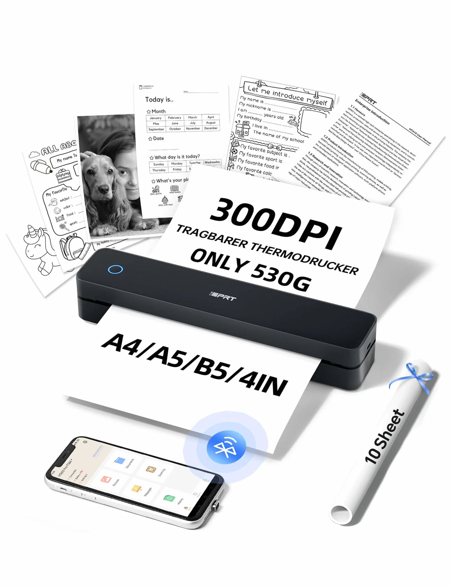 iDPRT MT610pro A4 Impresoras Térmicas Portátiles, Impresora Portátil Bluetooth de 300 dpi para Vehículos, Oficina y Hogar, Compatible con Teléfonos y Portátiles Android/iOS, Color Negro