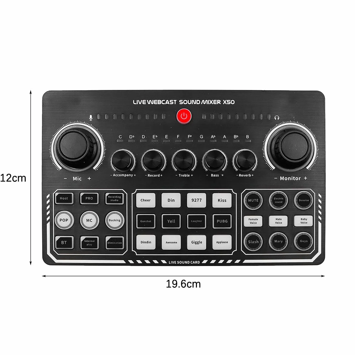 X50 - Tarjeta de sonido en vivo con 12 efectos de calentamiento, silencio con un solo toque, mezclador de DJ para transmisión en vivo y grabación de PC