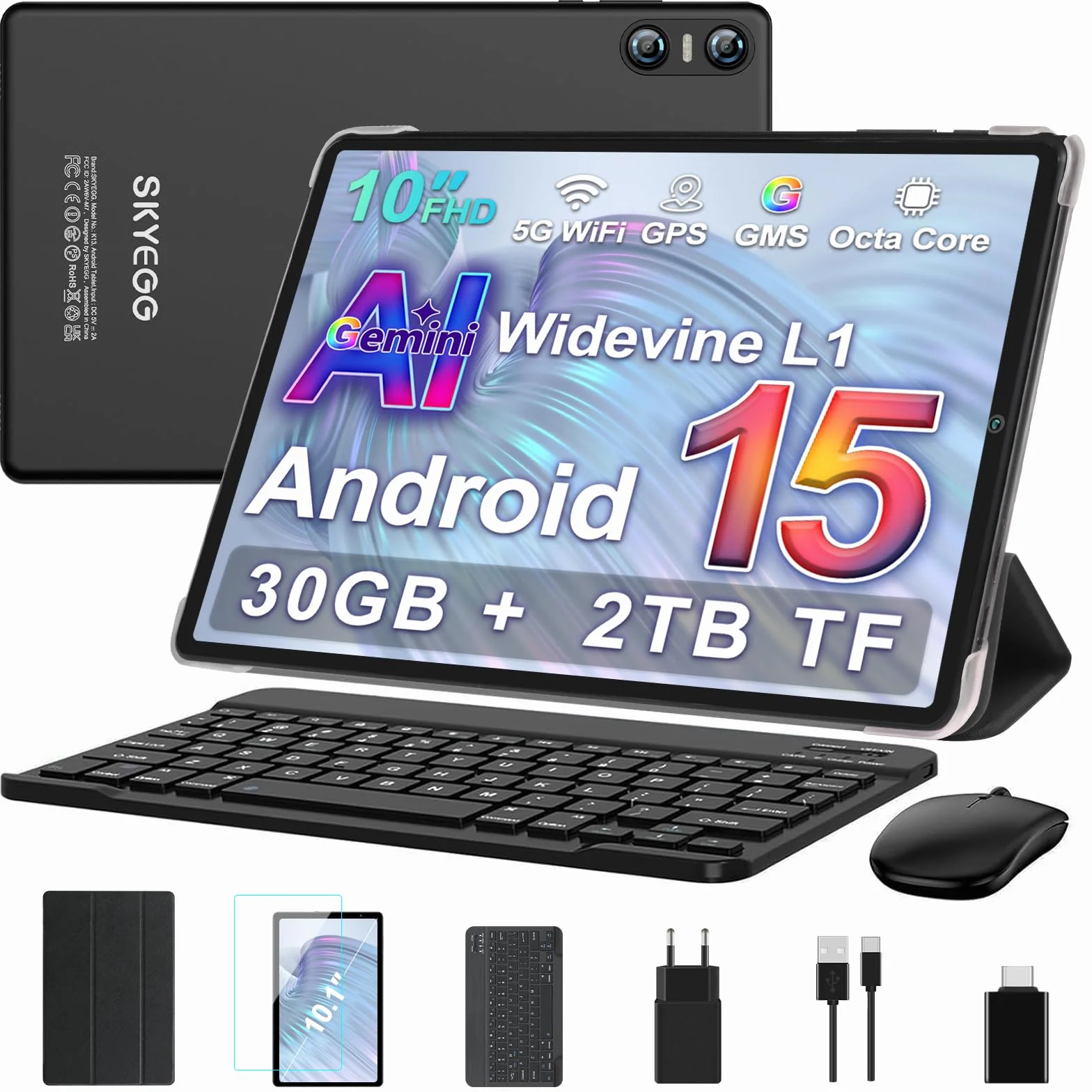 Tablet 10 Pulgadas Android 15 con Gemini AI, 30 GB RAM + Ampliable 2 TB ROM, Widevine L1, WiFi 5G, Batería 6000 mAh, con Teclado, Ratón y Funda para Estudio, Trabajo y Entretenimiento - Negro Grafito