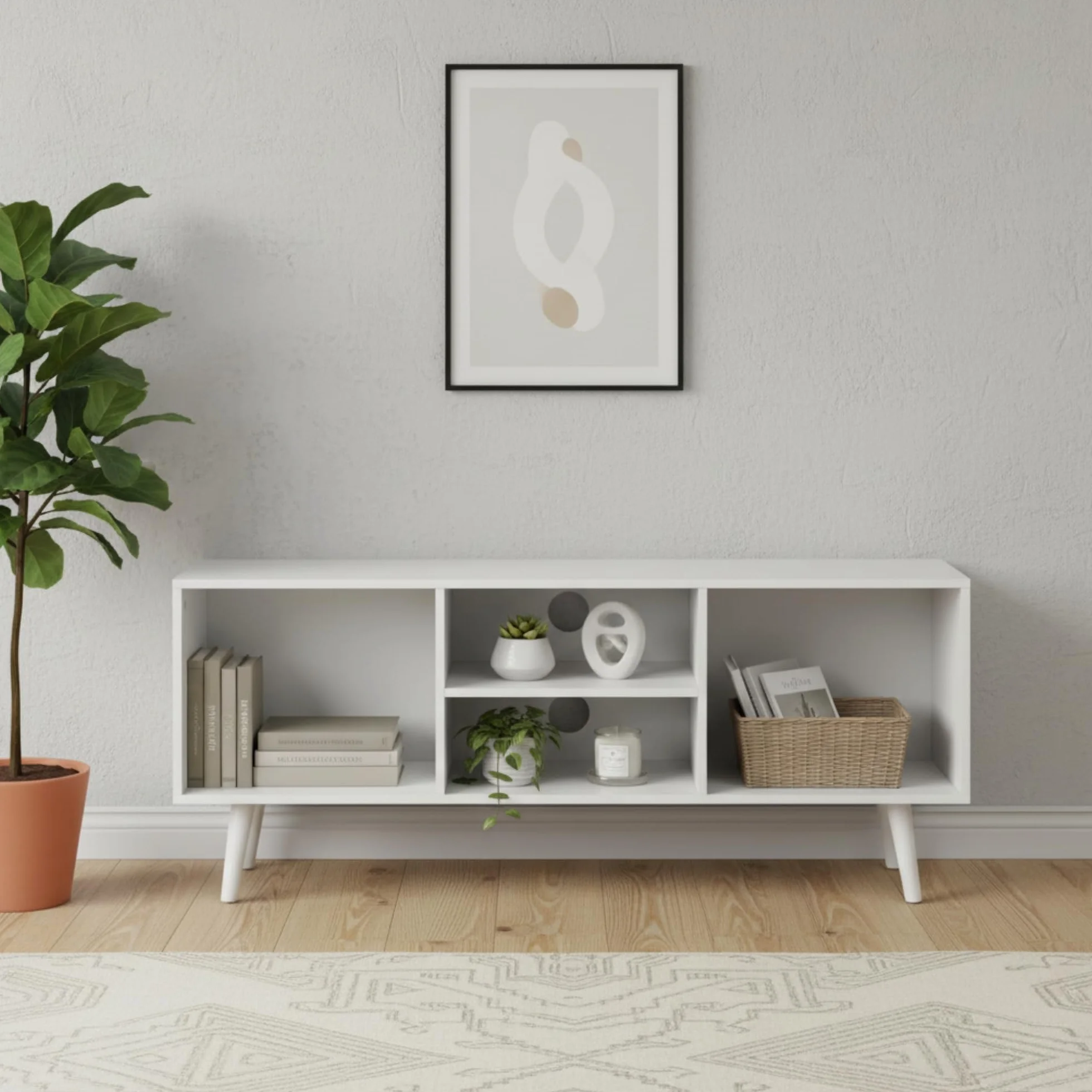 Mueble Auxiliar 4 Compartimentos 110x29x47 cm Blanco de Madera con Estantes, Estantería Moderna para Salón