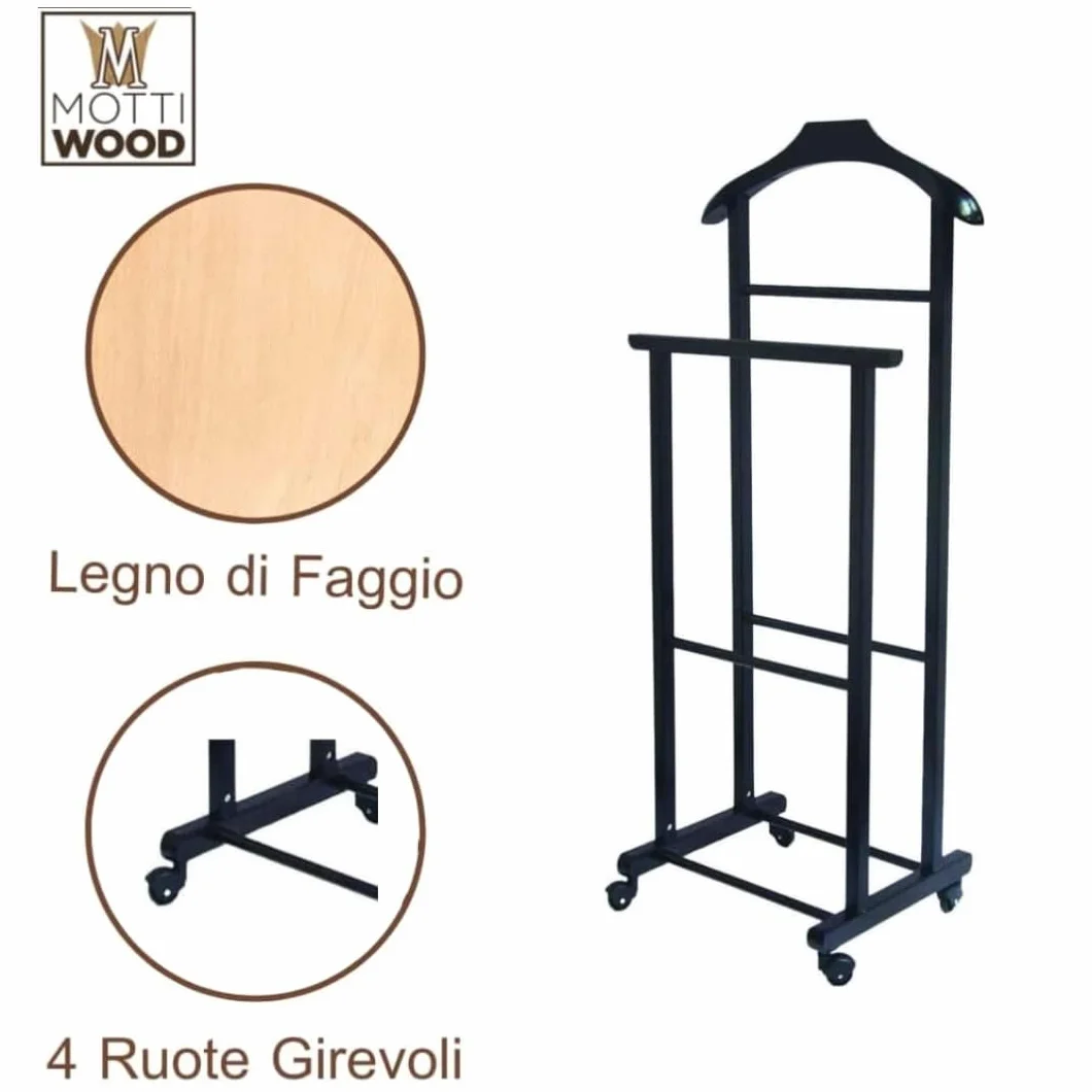 Perchero de dormitorio 2 usuarios negro madera de haya natural doble con 4 ruedas Italia