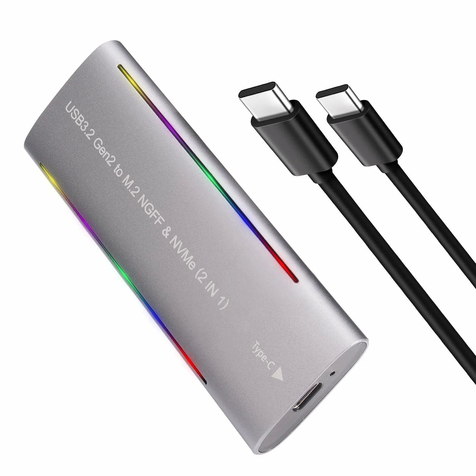 M.2 NVMe & SATA - Carcasa SSD (20 Gbps, USB-C 3.2 Gen2 x 2, carcasa de aluminio con RGB, sin herramientas, para disco duro M.2 2230/2242/2260/2280, compatible con MacBook, Windows, PS5, Phone 17)