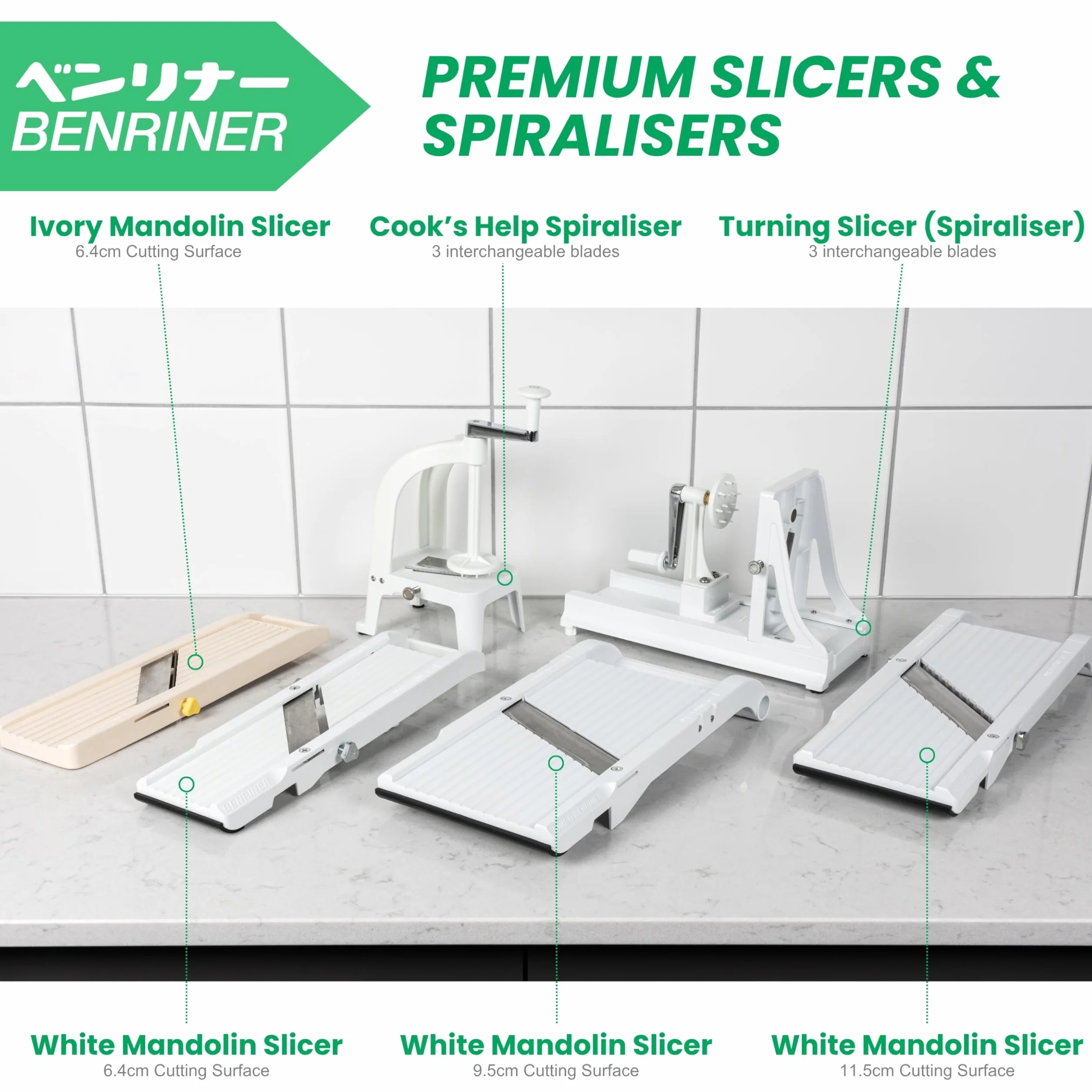 Benriner Cortador de mandolina japonés BN-1 con tres cuchillas de acero inoxidable, marfil