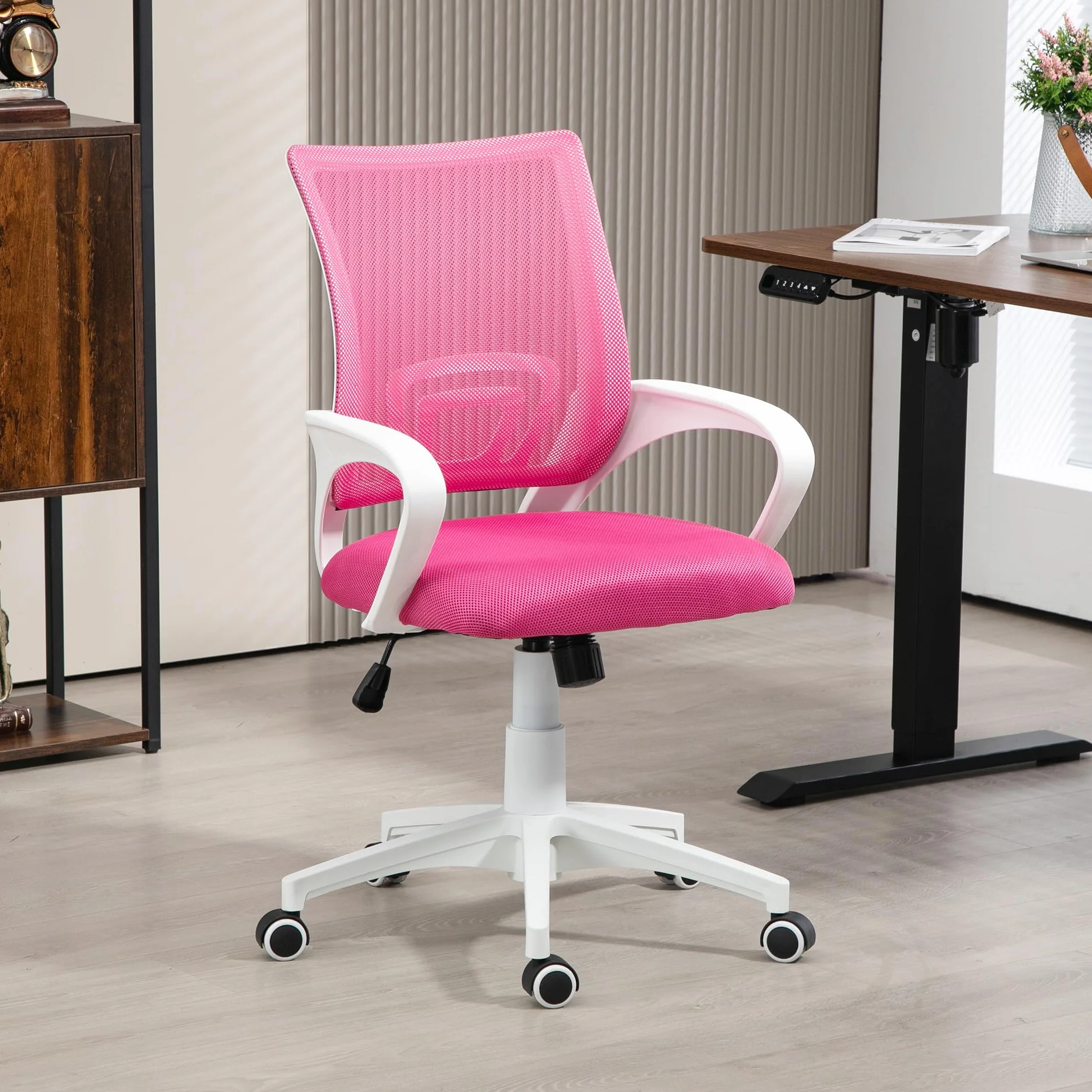 HOMCOM Silla de Oficina de Malla Giratoria Altura Ajustable Basculante Soporte Lumbar Reposabrazos Carga 120 kg Rosa