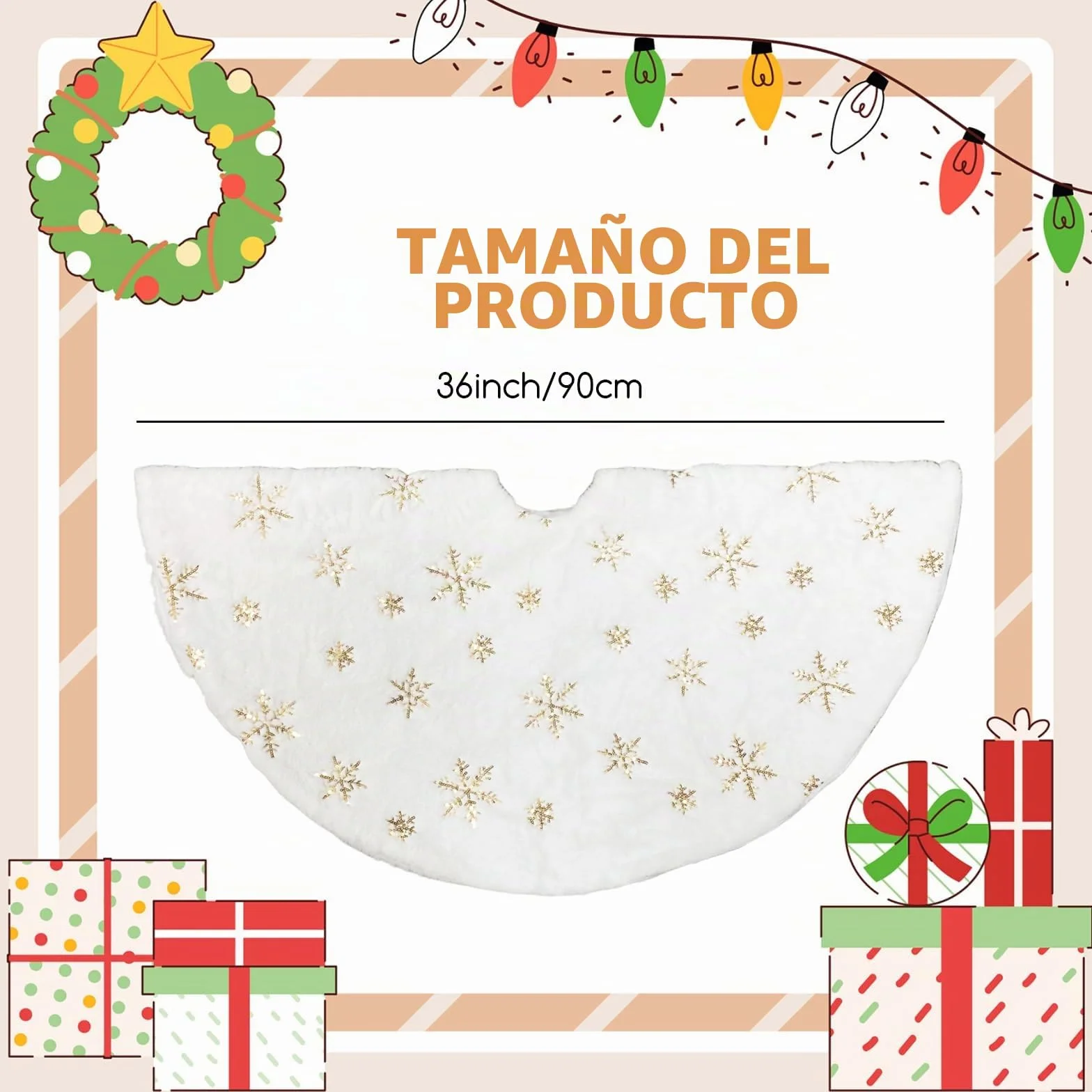 Falda del árbol de Navidad 90cm Doble Capa de Felpa Blanco Estampado Copo de Nieve Oro Decoración Navidad