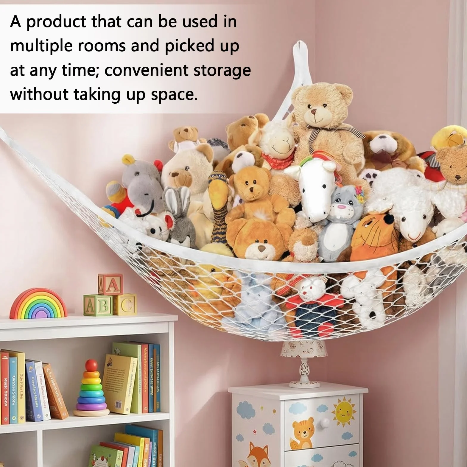 Hamaca grande para colgar peluches, almacenamiento retráctil de juguetes, organizador infantil, blanco