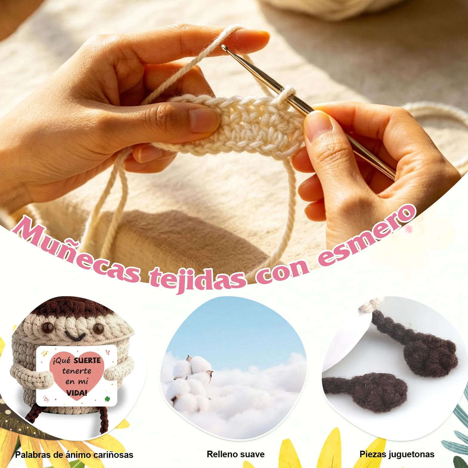 Girasol Crochet con Mensaje Positivo Regalo Original para Mujer Flores Amuletos Suerte Peluche Motivacional