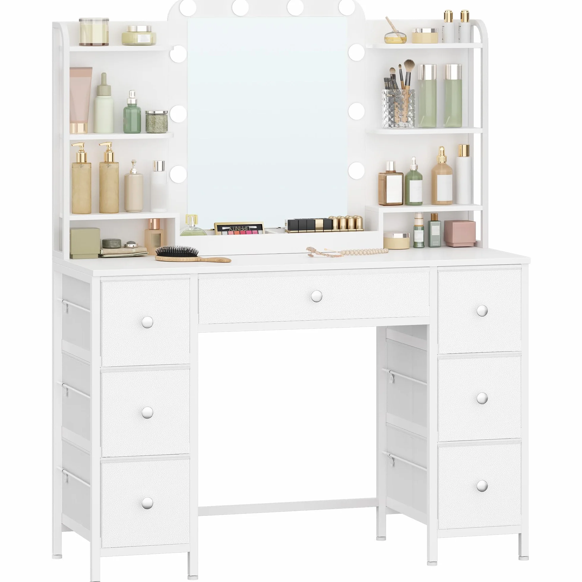 Tocador de Maquillaje con Iluminación LED, 108 cm, Espejo Grande HD, 7 Cajones, Blanco Moderno