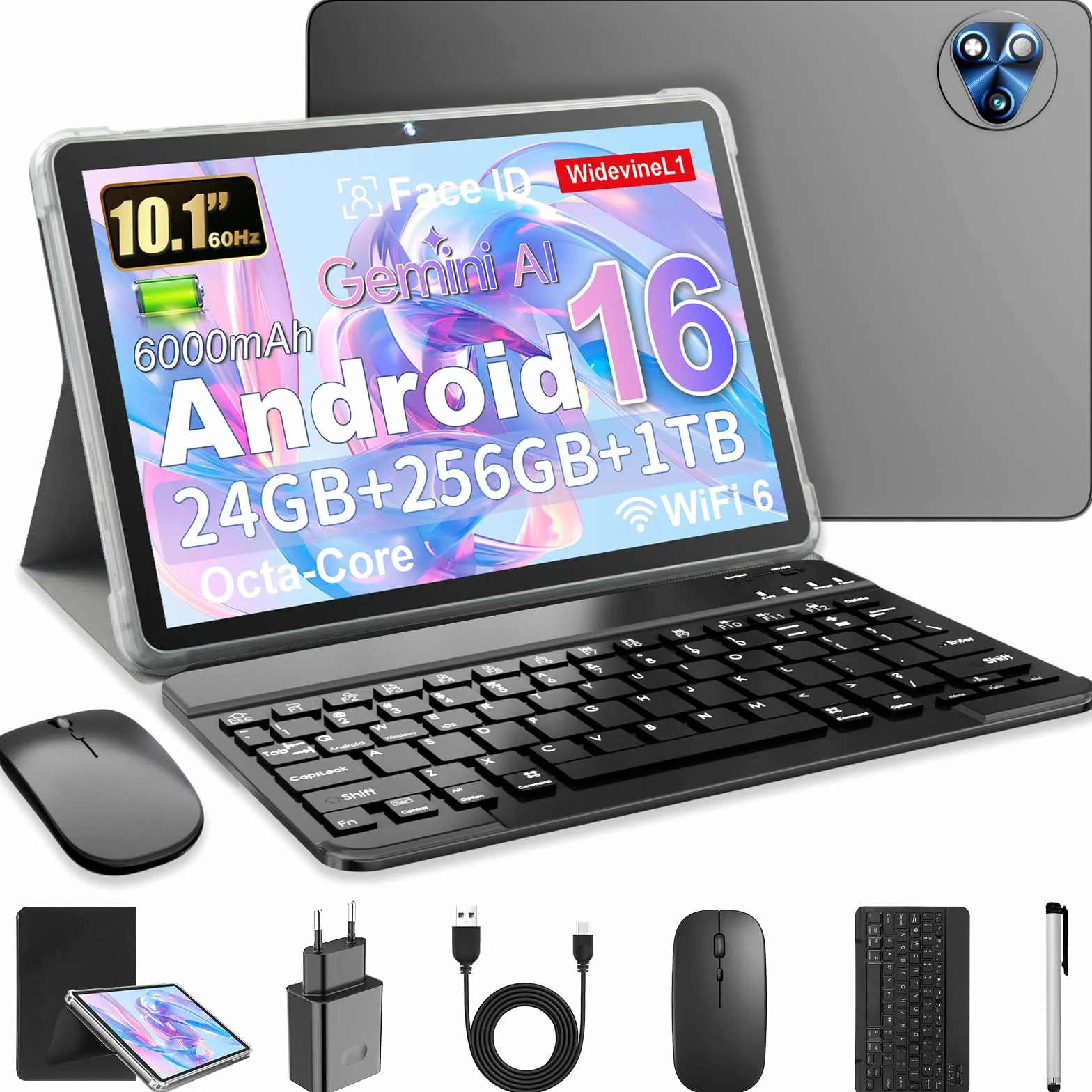 Android 16 Tablet 10 Pulgadas en Gemini AI, Tableta en Teclado, Ratón & Lápiz, Octa-Core, 24 GB RAM + 256 GB ROM + 1 TB TF, 1920x1200 Pantalla HD, Cámara Doble 8MP + 13MP, 6000 mAh (Funda Negra)