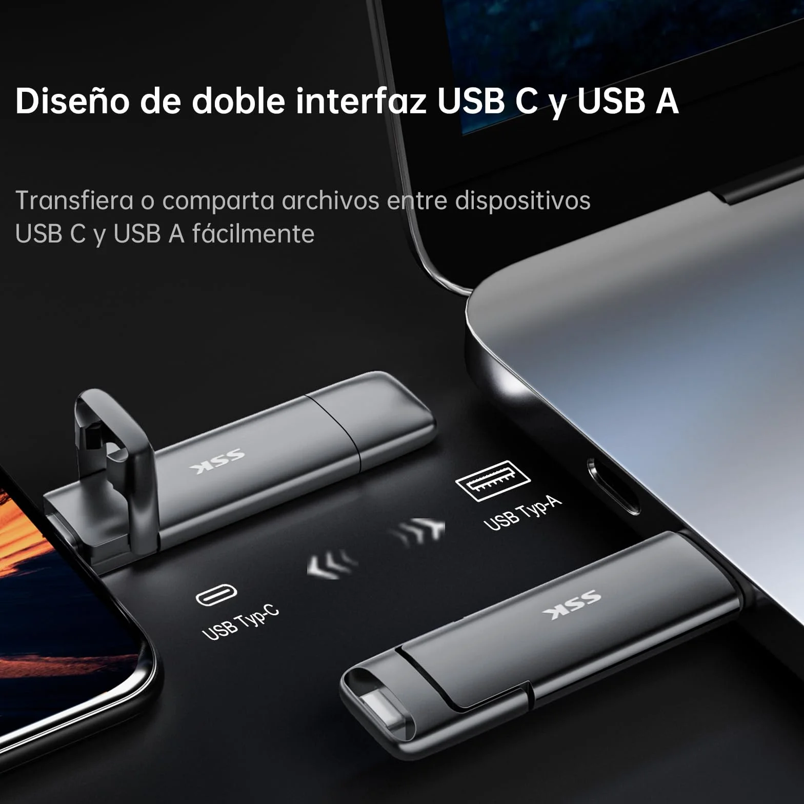 SSK SSD Pendrive 128 GB ，Memoria USB Flash hasta 550 MB/s, Dual Drive usb3.2 Gen 2 Tipo c + a OTG Metal Pen Drive，Disco Duro Externo SSD para Smartphones Android, Pc, Tabletas,Macs