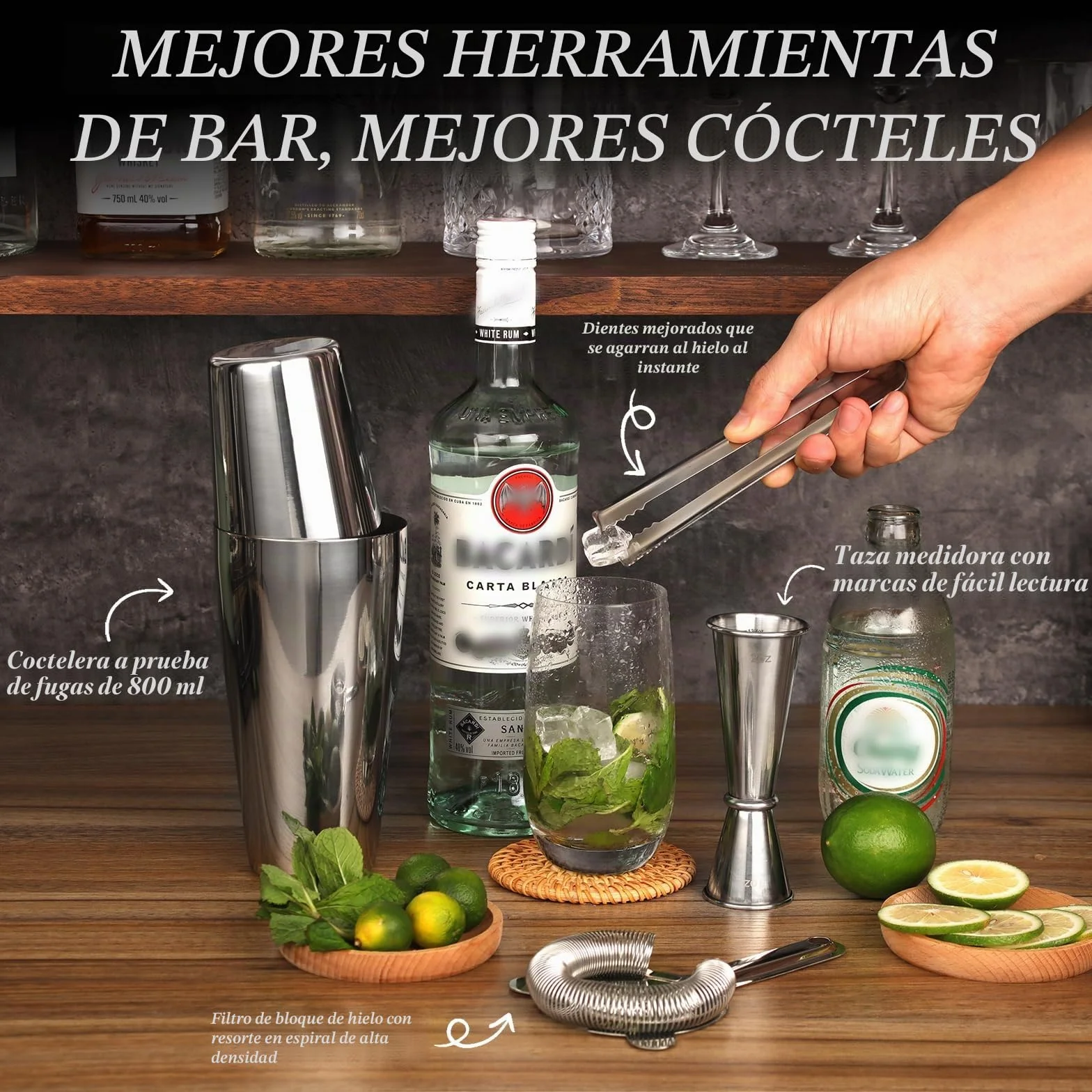 Boston coctelera Kit Completo de 20 Piezas con Soporte, Cocktail Shaker en Acero Inoxidable de 825 ml