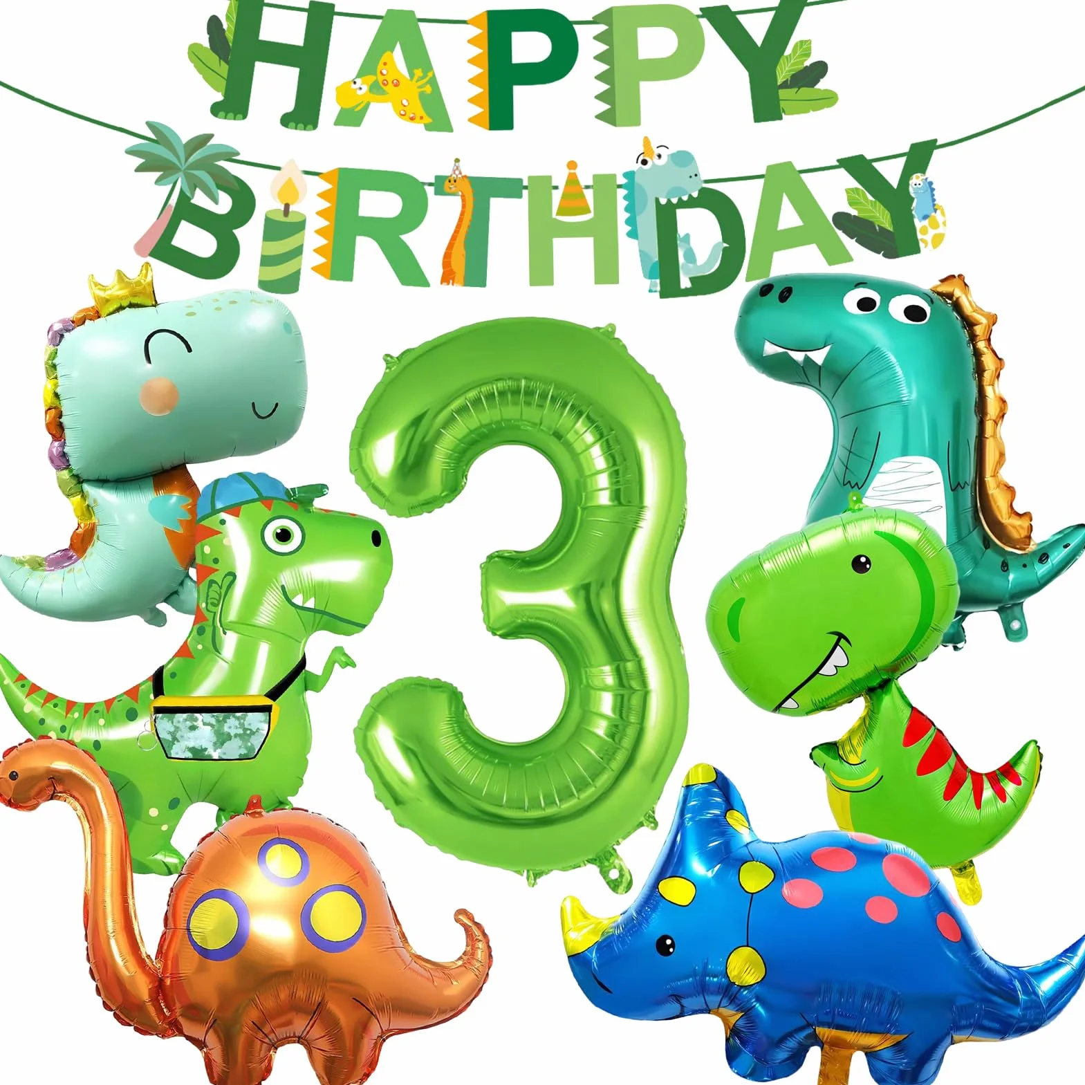 Globos Dinosaurio Decoración Cumpleaños 3 Años, XXL Globos Dino con Happy Birthday Bandera, Fiesta Dinosaurios