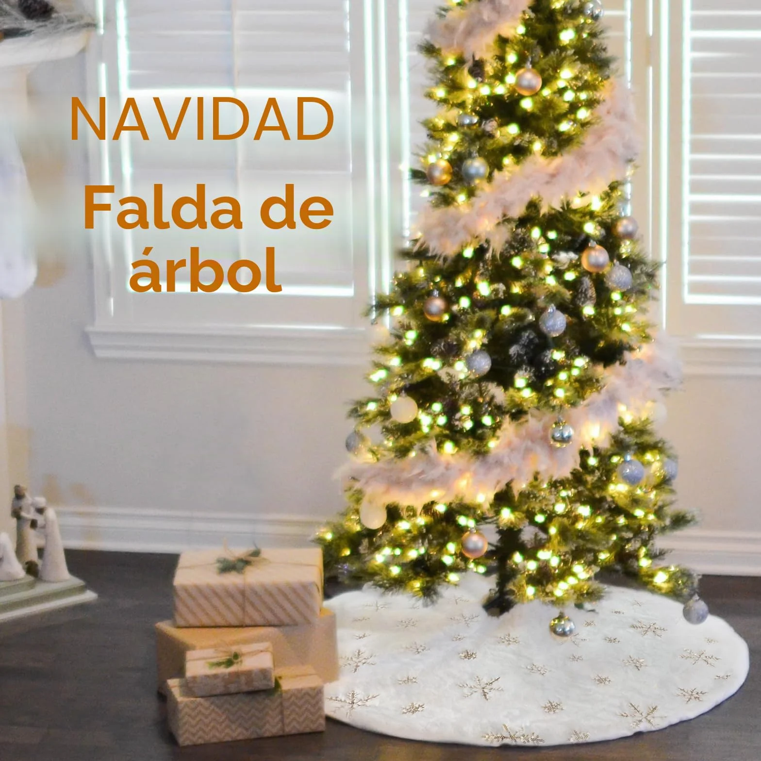Falda del árbol de Navidad 90cm Doble Capa de Felpa Blanco Estampado Copo de Nieve Oro Decoración Navidad