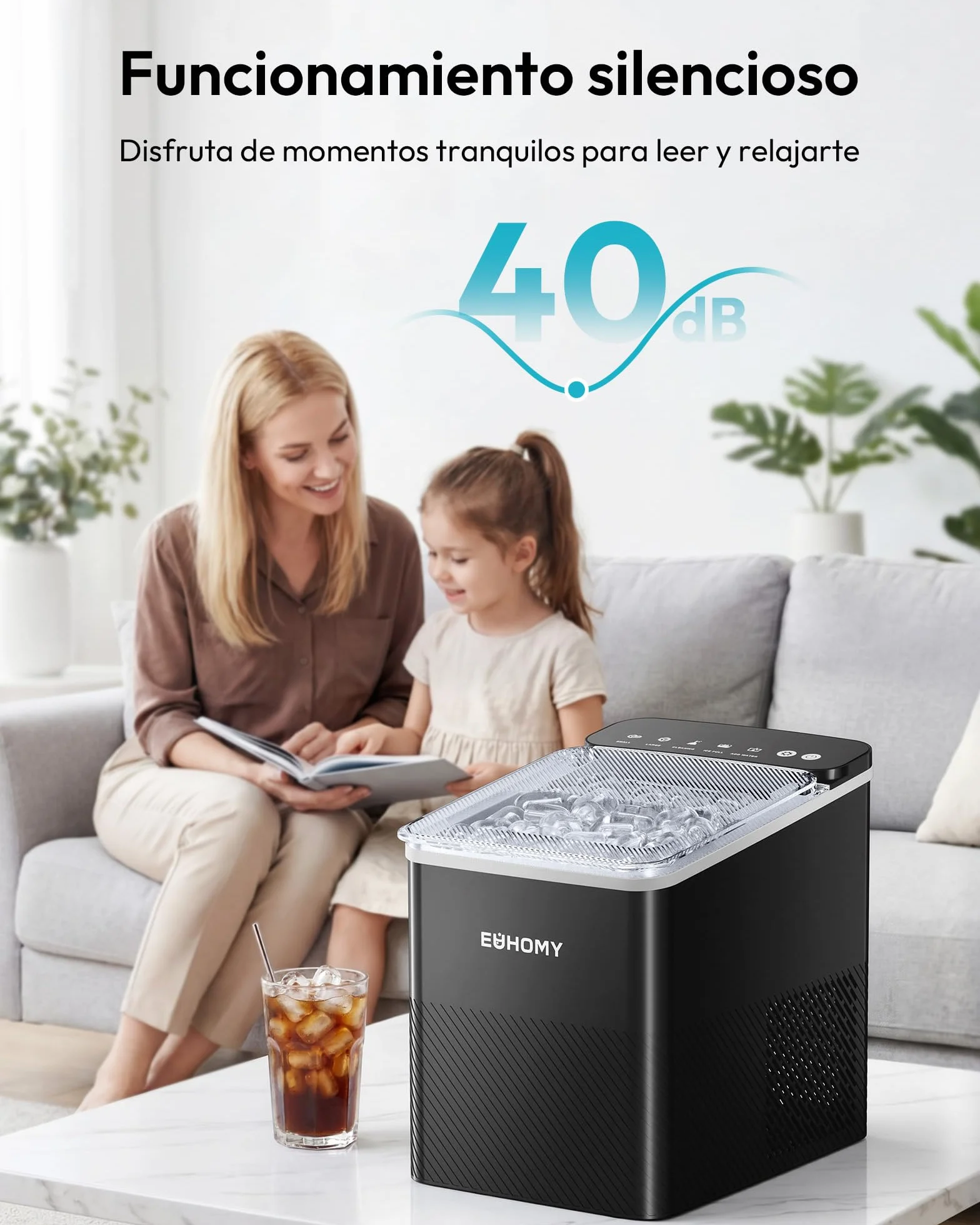 EUHOMY Máquina de hielo compacta, 9 cubitos, 2 tamaños, limpieza automática, negro