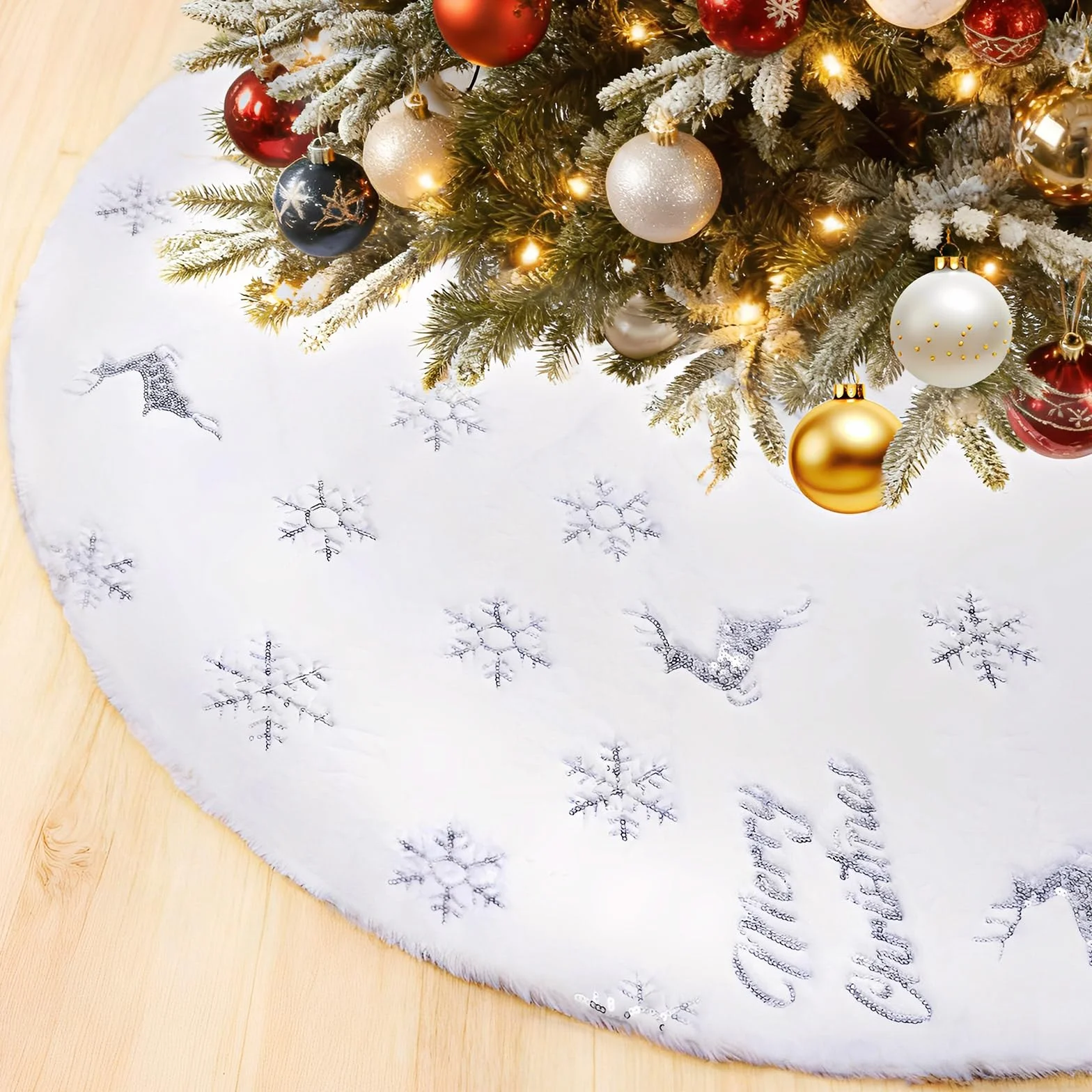 Falda Árbol de Navidad Blanco 75cm Alfombra Blanca con Alce Plateado Copo de Nieve Lentejuelas