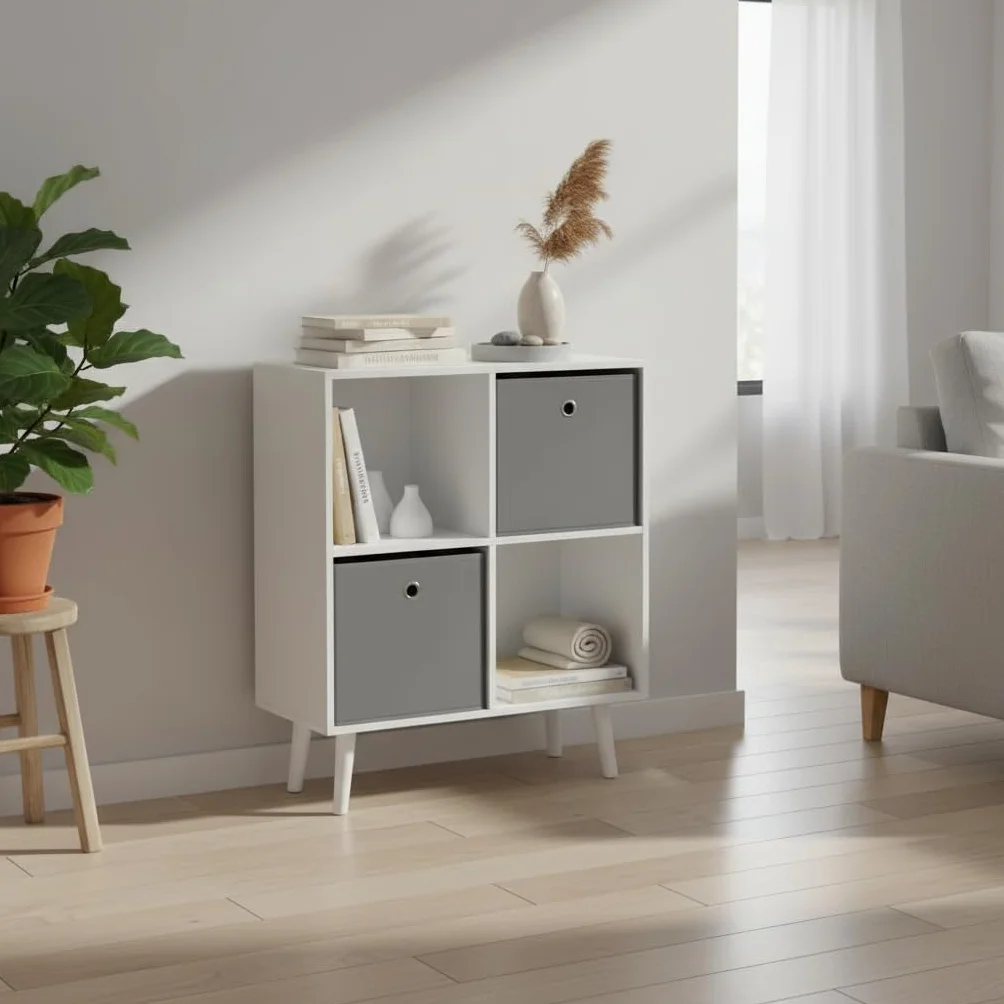 Estantería Cubo de Madera 4 Compartimentos 60x29x75 cm Blanca y Gris con Cajones Extraíbles