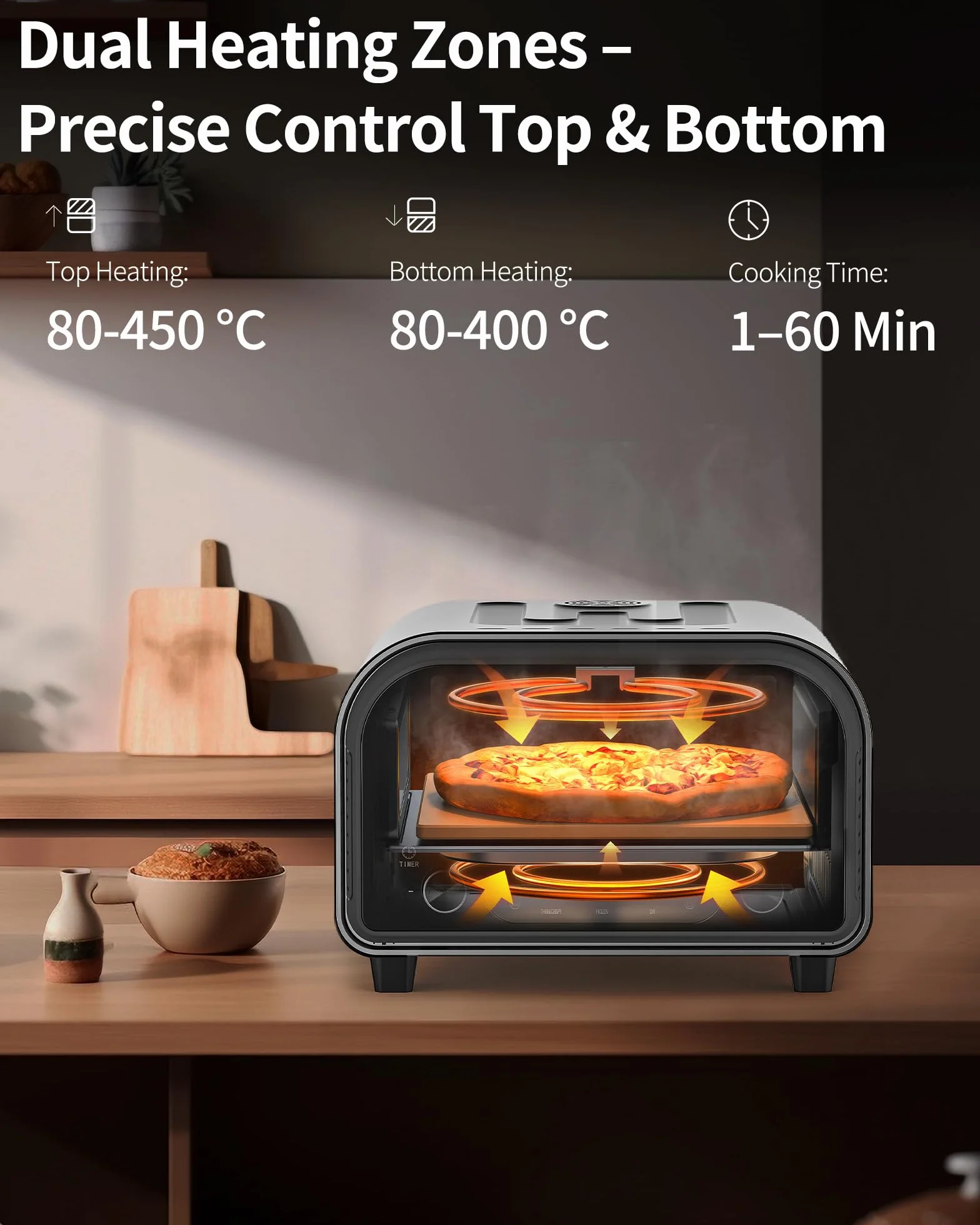 Horno Eléctrico para Pizza 450°C 5 Programas Temporizador 1-60 min Pantalla Táctil Acero Inoxidable