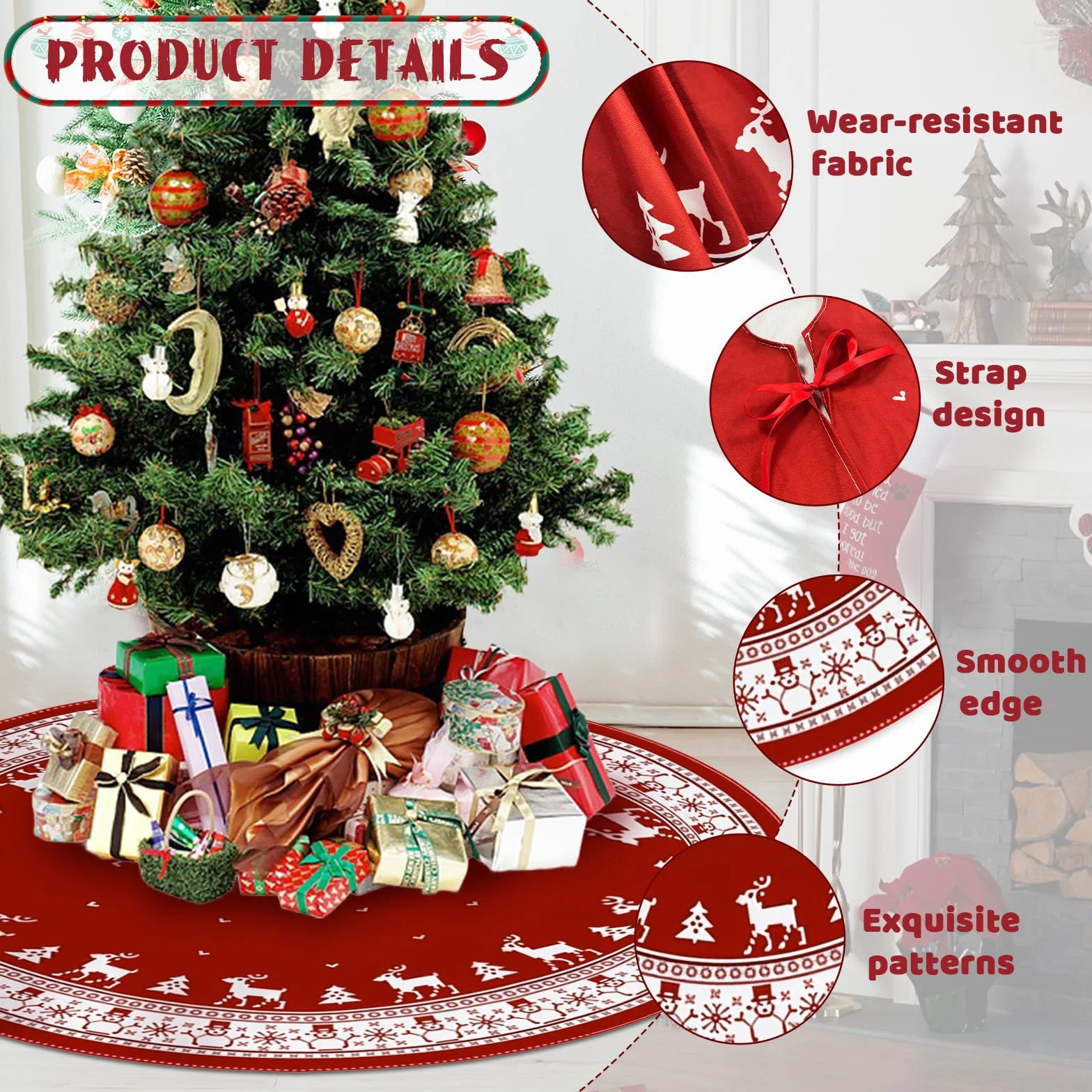 Falda de Árbol de Navidad Rojo, Felpa Cubre Pie Grande, Alfombra Redonda Navideña