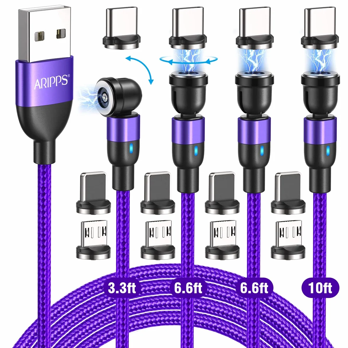 Paquete de 4 cables de carga magnéticos (3.3 pies/6.6 pies/10 pies), cable de carga magnético giratorio de 540 grados, cable USB magnético de nailon 3 en 1