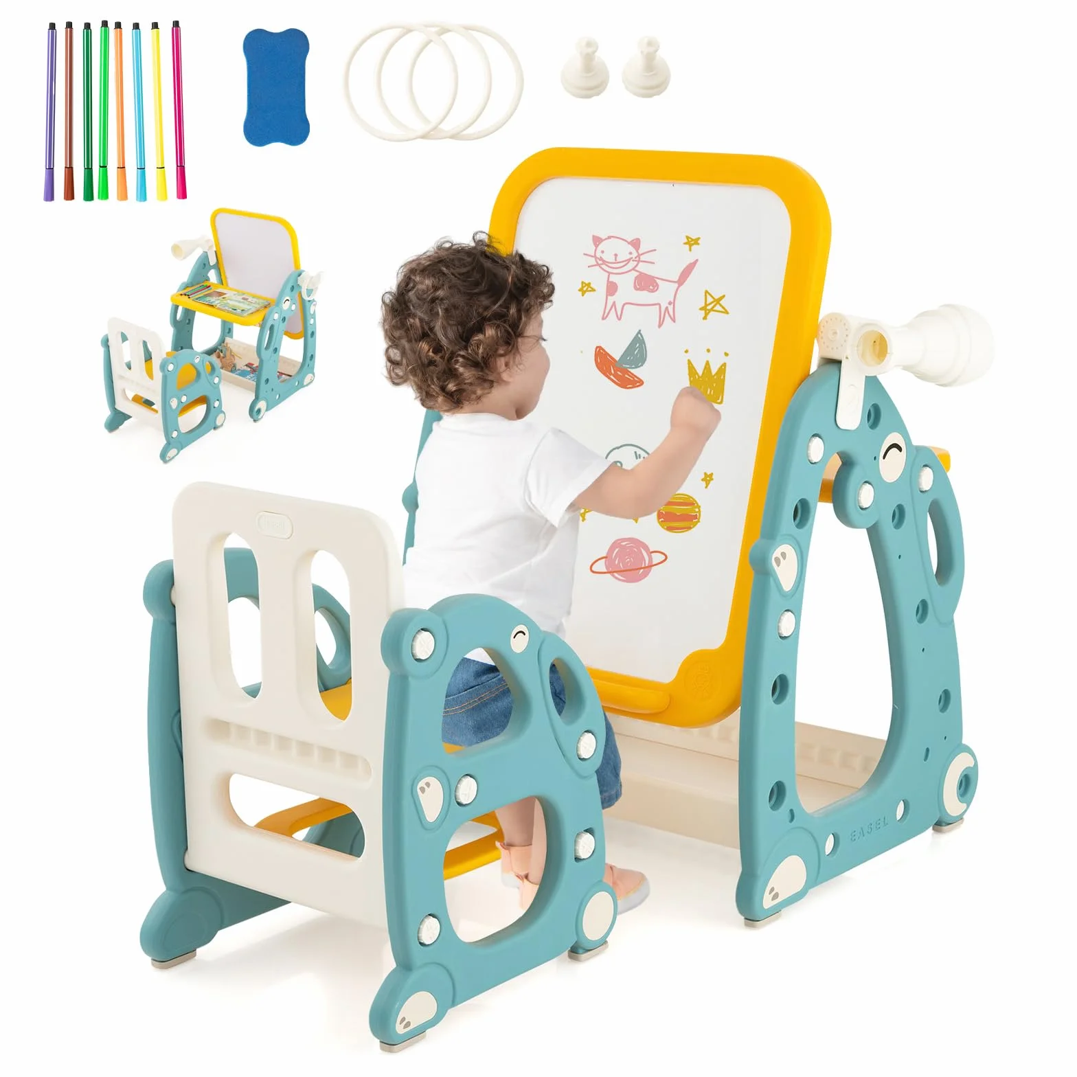 GOPLUS Juego de Mesa y Silla Infantil 4 en 1, Caballete Infantil con Pizarra Blanca Ajustable de 3 Niveles, Telescopio, Anillos, Marcadores, Mueble Multiusos para Niños de 1-8 Años