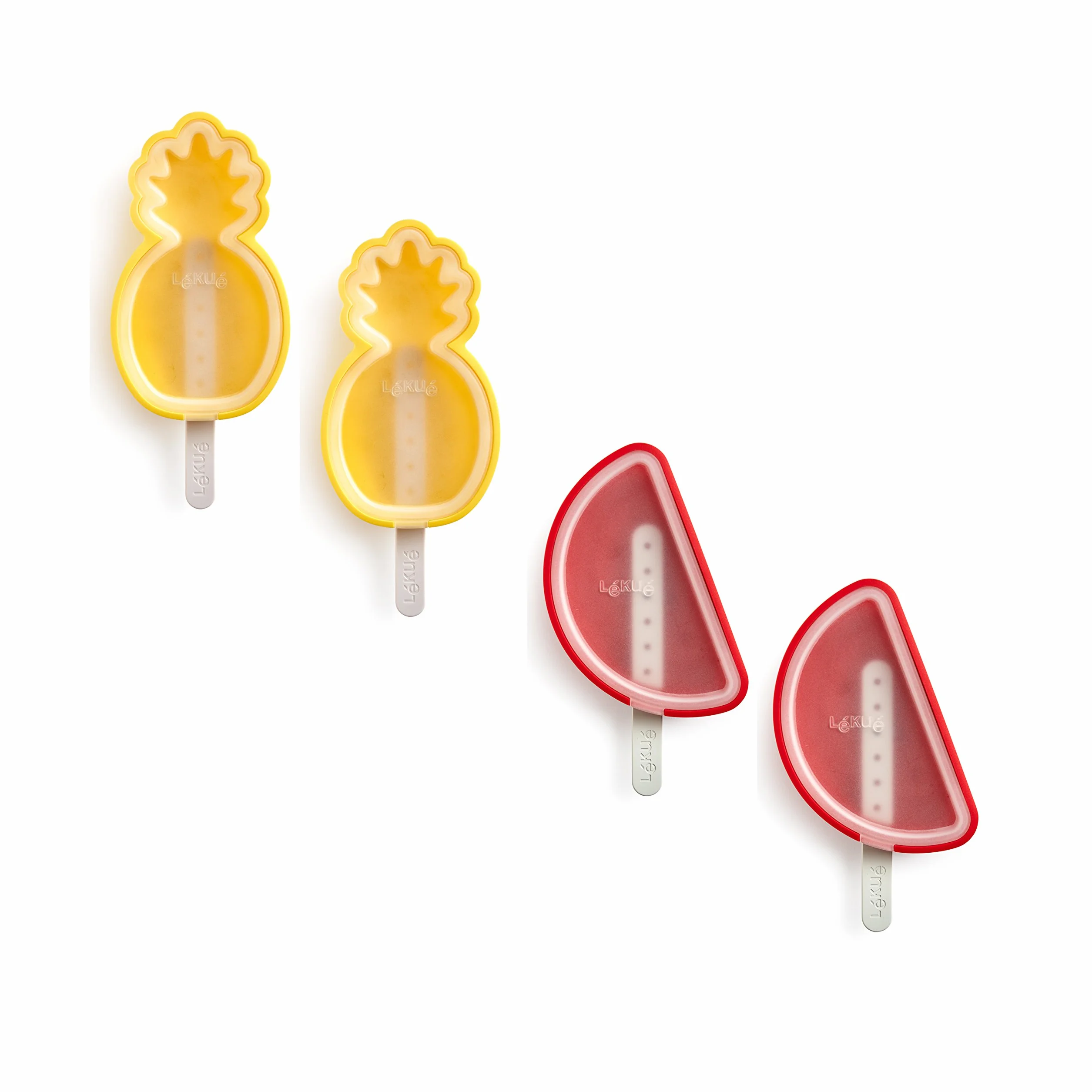 Lékué Pack 4 Moldes helado forma frutas tropicales multicolor, 18,5 x 8 x 11,6 cm, silicona platino