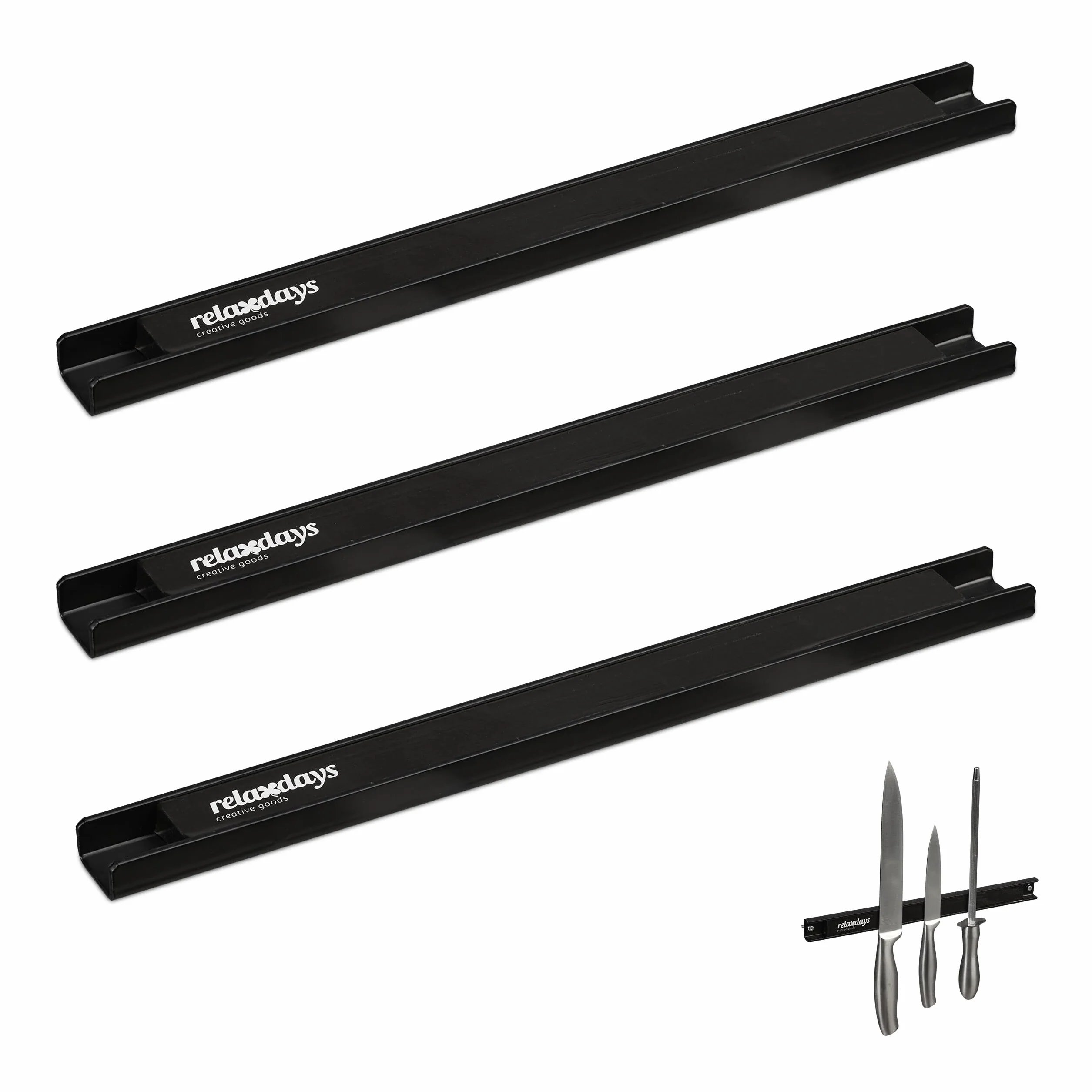 Relaxdays Set de 3 Imanes Cuchillos, 30 cm de Largo, Acero, Barras Magnéticas Herramientas, Atornillar a la Pared, Negro