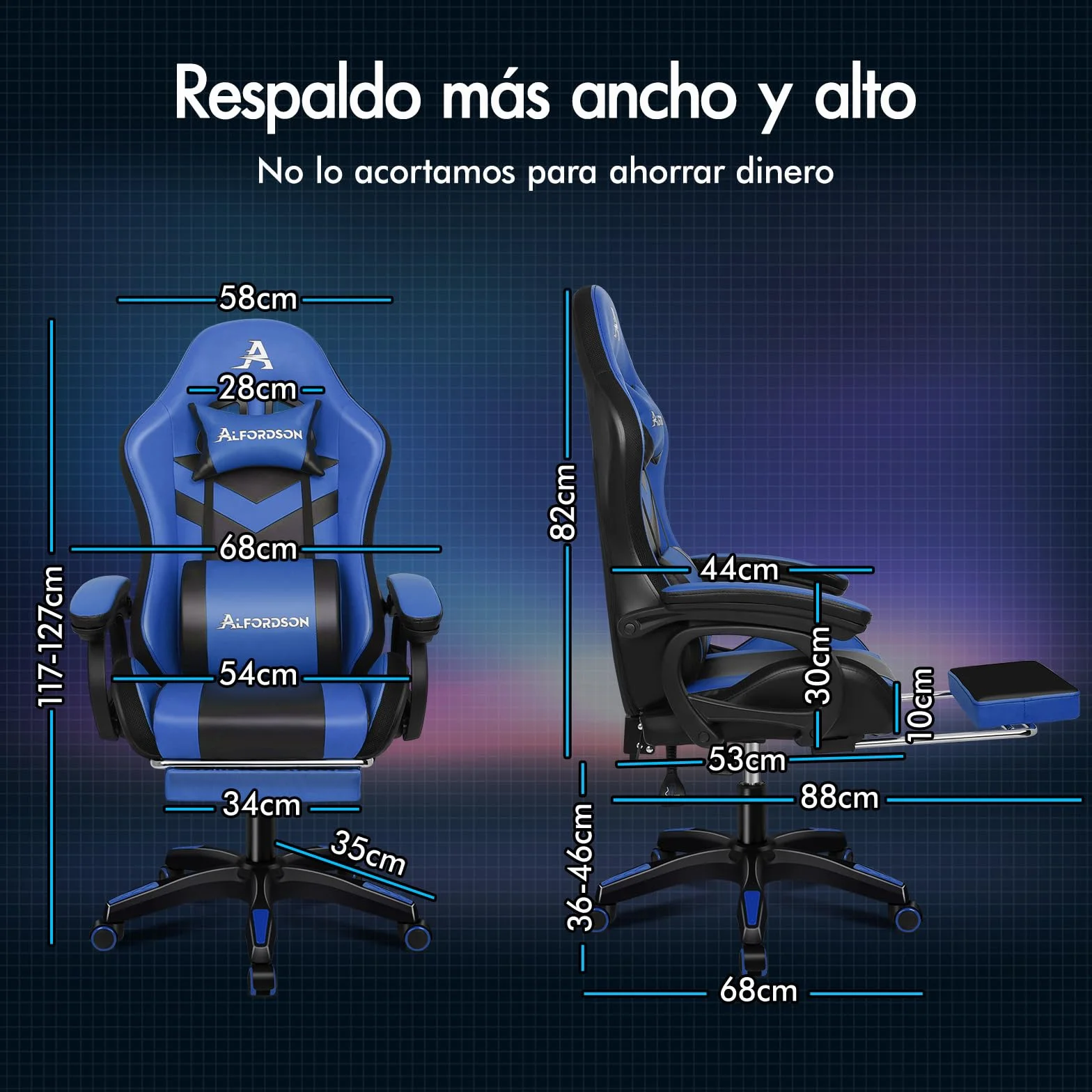 ALFORDSON Silla Gaming Ergonómica con Masaje LED y Reposapiés Telescópico, Cuero PU Azul