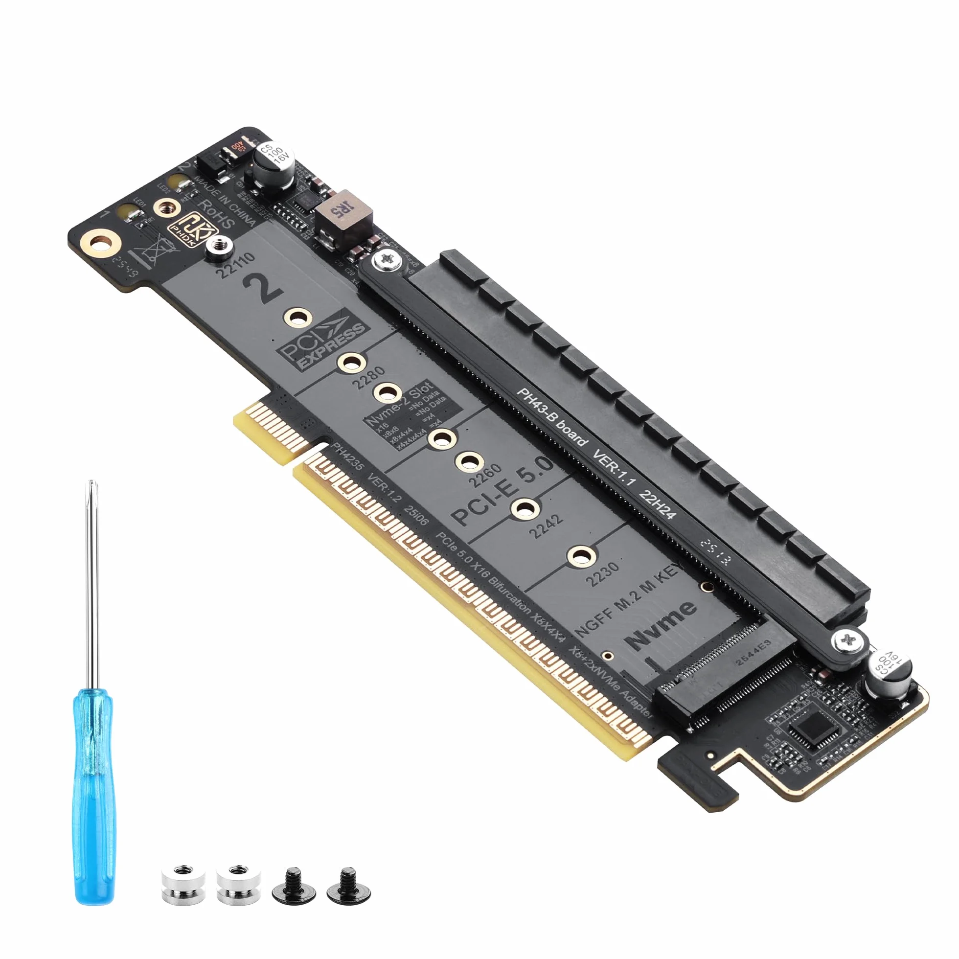 SinLoon Tarjeta de expansión PCIe 5.0 X16, PCIe Bifurcation Riser Card, divide la ranura X16 en X8+X4+X4, soporta NVMe M.2 SSD y GPU de perfil bajo, compatible con unidades 22110/2280, con indicador