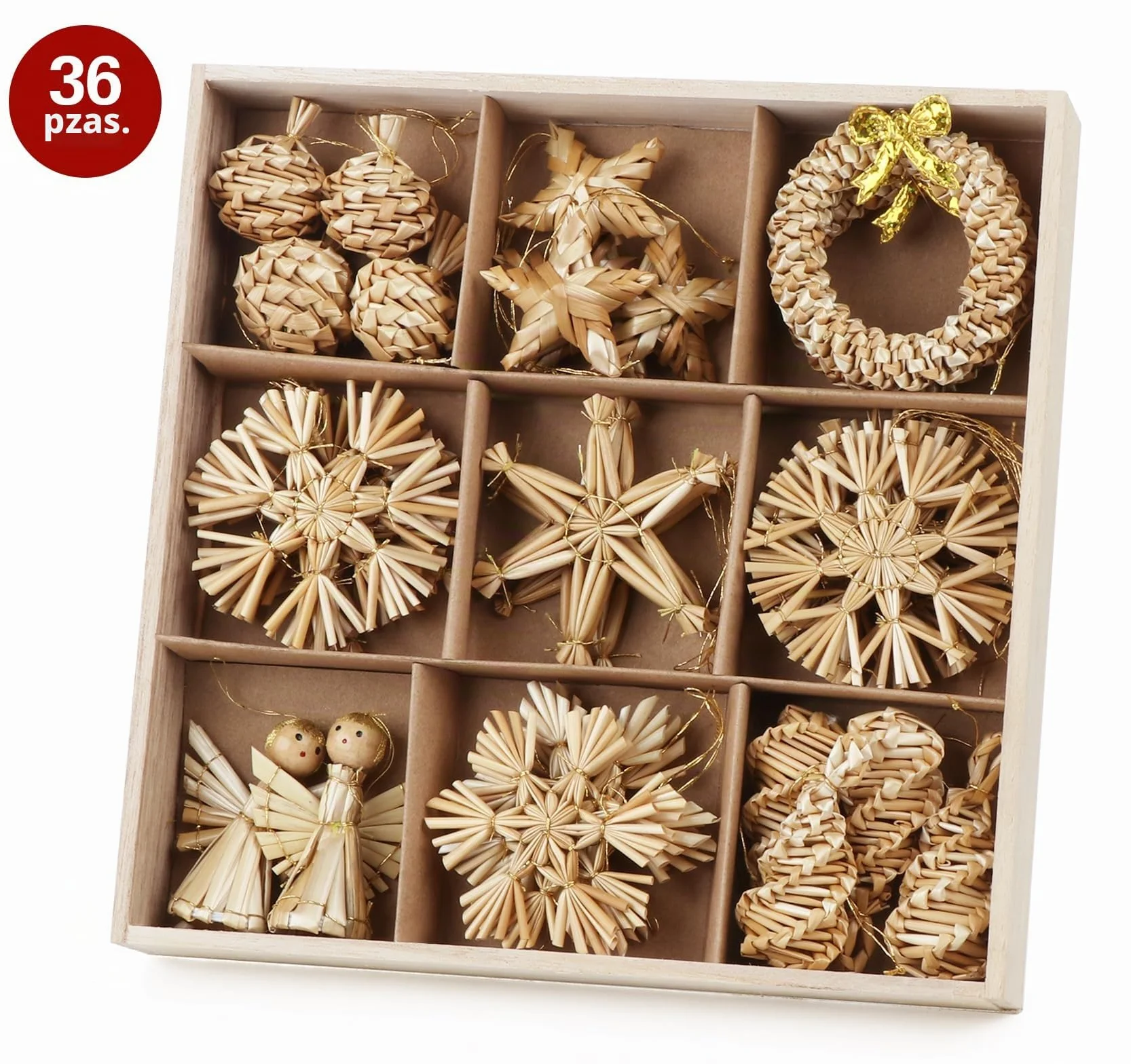 Agoer Juego de 36 Estrellas de Paja para Árbol de Navidad, Decoración Hecha a Mano con Acentos Naturales