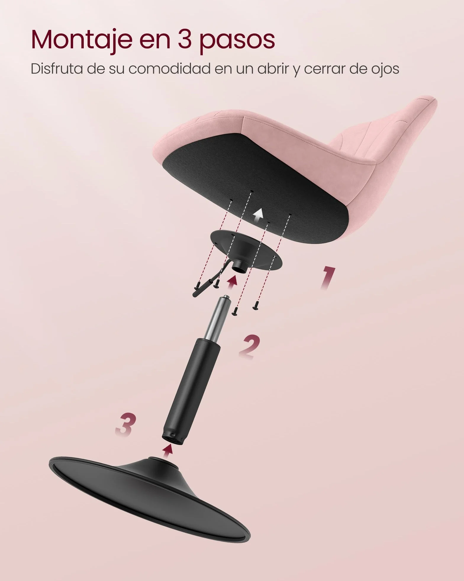 VASAGLE Taburete Tocador con Respaldo Altura Regulable Giro 360° Terciopelo Rosa Jalea