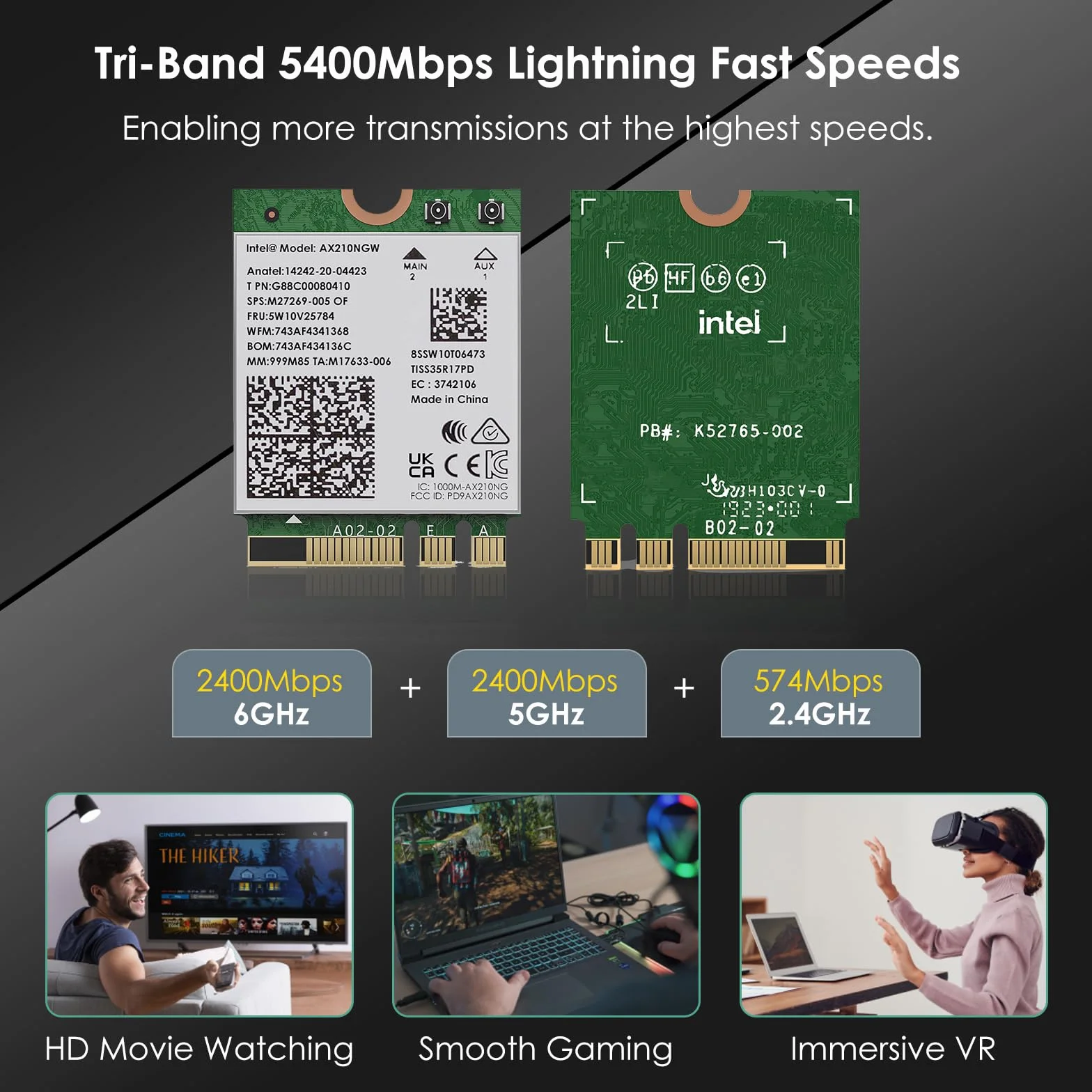 WAVLINK Tarjeta Inalámbrica WiFi 6E, Intel AX210 Tri-Band 5400 Mbps 2,4/5/6 GHz, Adaptador de Red Con Bluetooth 5.3 Para Portátil, Latencia Ultra Baja, Compatible Con Windows 10/11 (64 Bits)