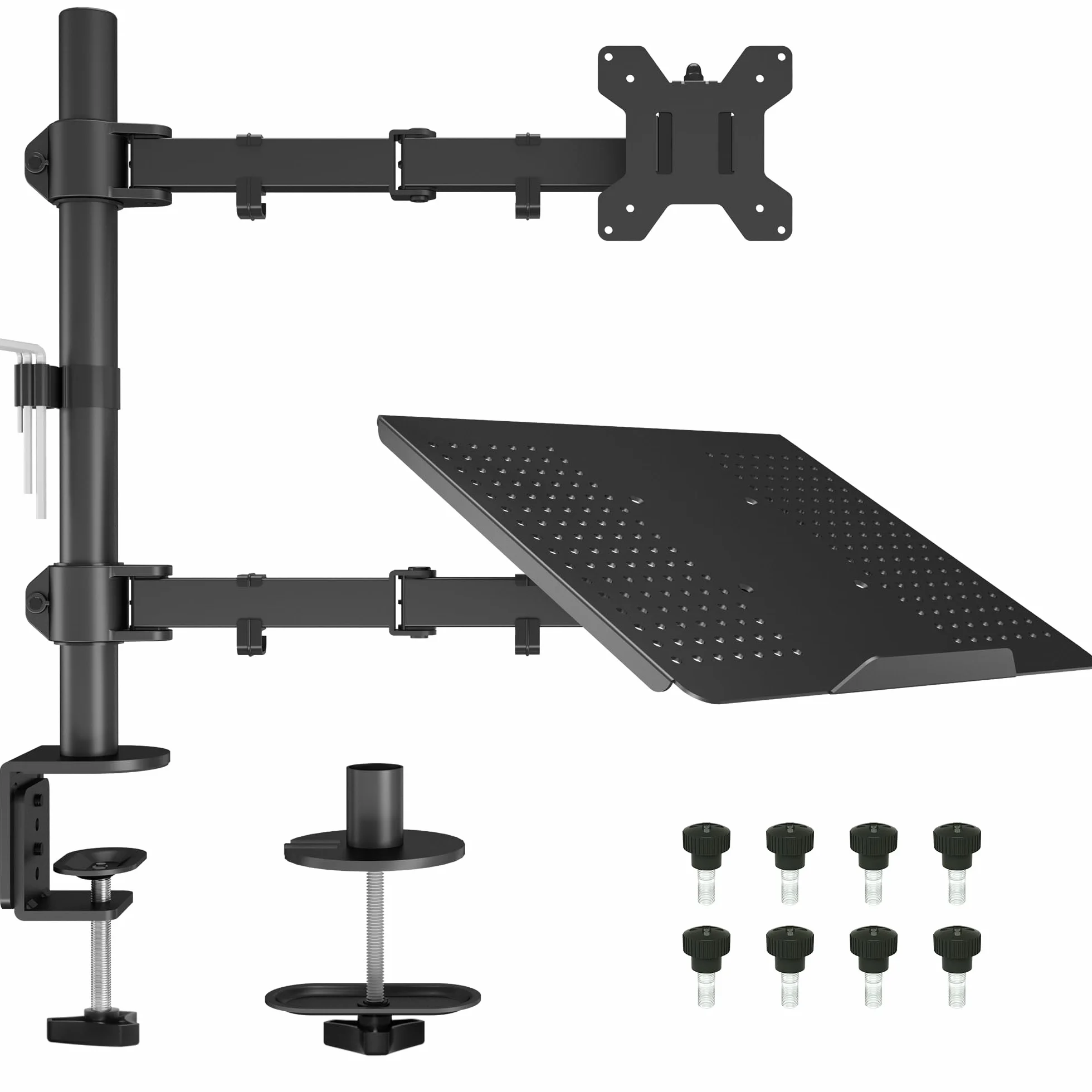 BONTEC Soporte Monitor y Portatil para Pantallas de LED LCD de 13-27 Pulgadas y Ordenador Portátil hasta 17 Pulgadas, Soporte de Monitor con Bandeja con Inclinable y Giratorio, MAX VESA 75/100mm