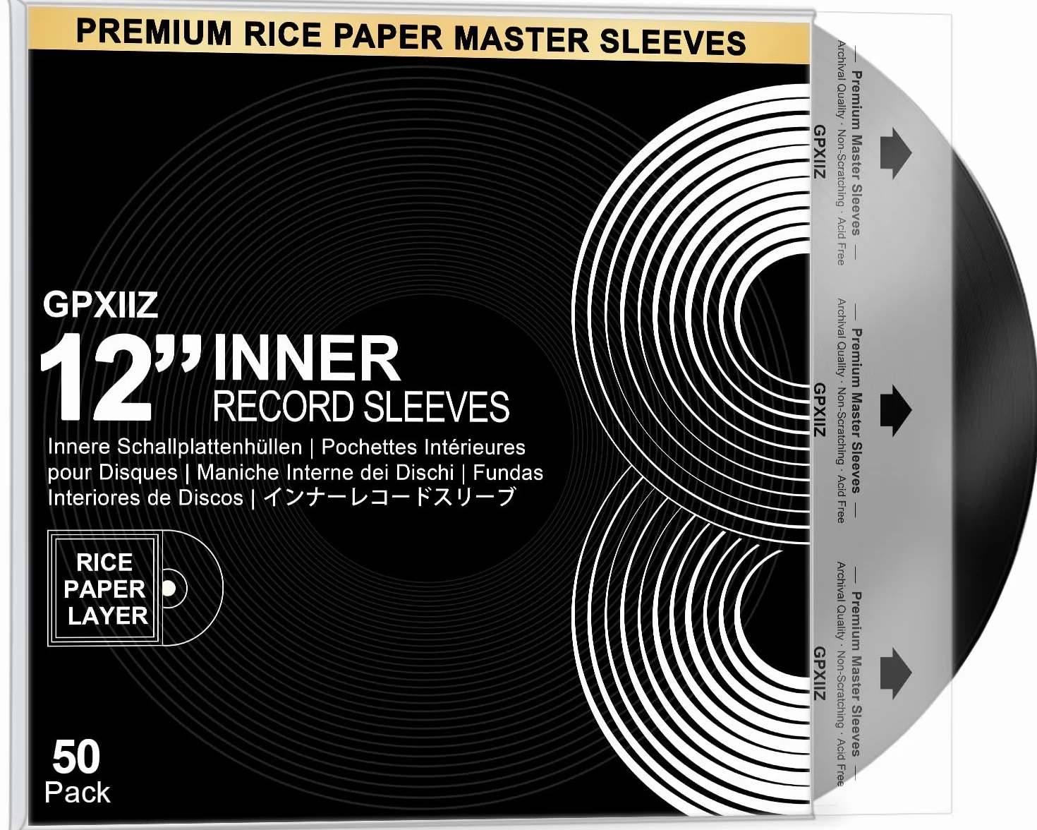 Fundas Vinilos Interiores para 12" 33 RPM Vinilos Discos, 50 x Protector Vinilos Discos Antiestaticas Antiarañazos, HDPE + Papel de Arroz, Fundas Discos Interiores 3 Capas para 12 Pulgadas LP | Master - Fundas de vinilo de 3 capas de HDPE+papel de arroz,