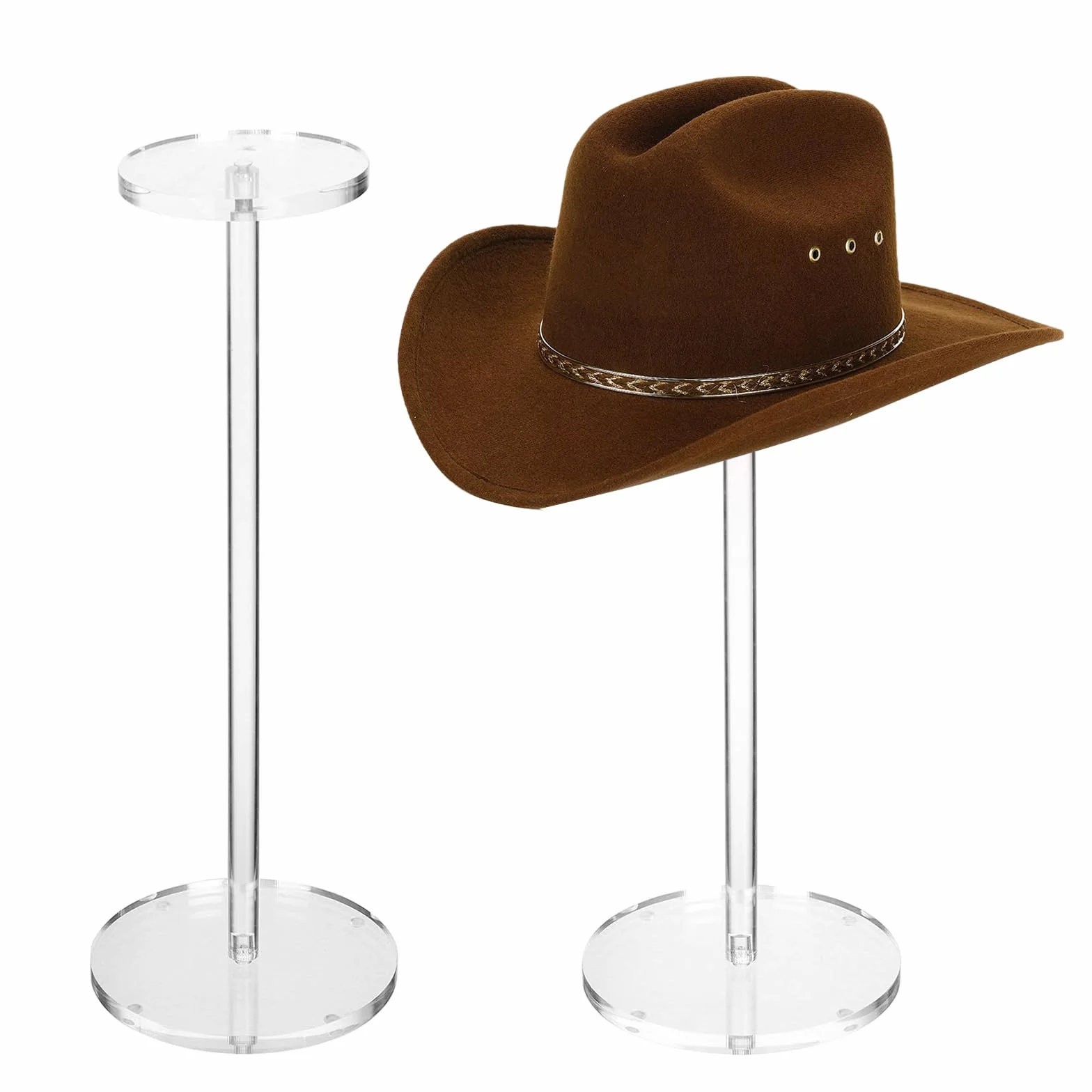 2 Juegos de soportes acrílicos transparentes para sombreros y pelucas Soporte para sombreros con base redonda Soporte para pelucas Reloj para sombreros (altura 30 cm, base redonda)