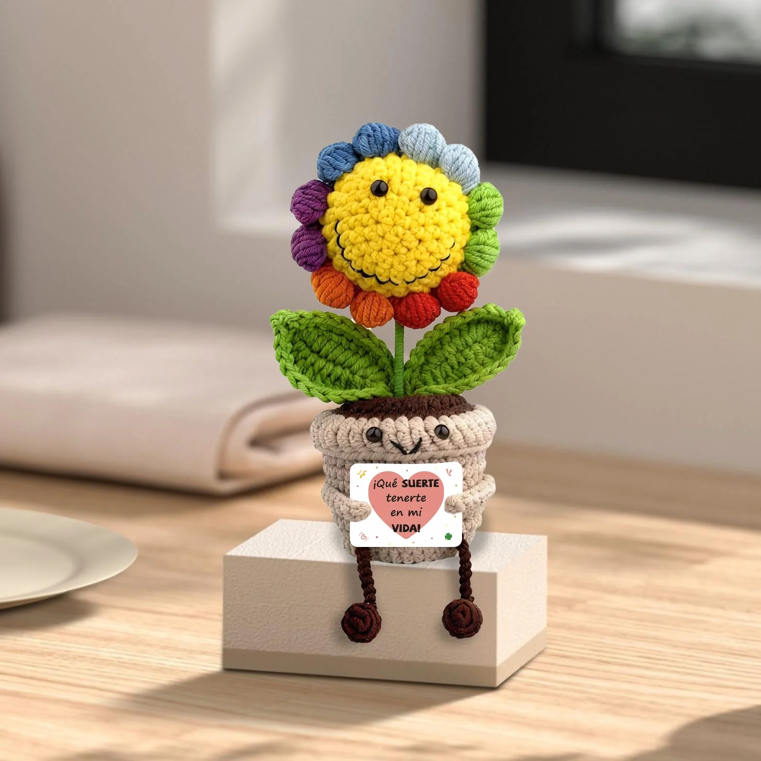 Girasol Crochet con Mensaje Positivo Regalo Original para Mujer Flores Amuletos Suerte Peluche Motivacional