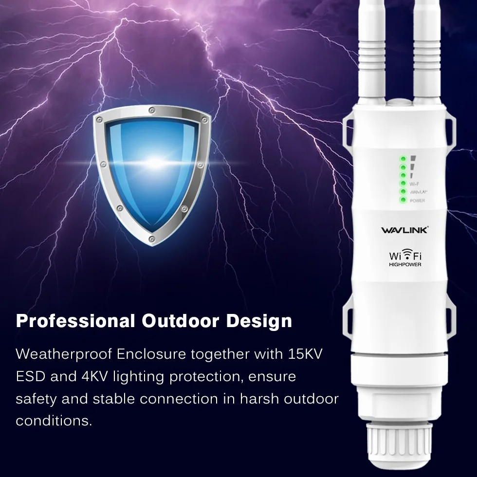 WAVLINK Repetidor WiFi Largo Alcance WiFi Exterior Potente, Amplificador Señal WiFi Antena WiFi Extender Wavlink N300 2.4G, Outdoor PoE Punto de Acceso WiFi, para Grandes Espacios Remotos