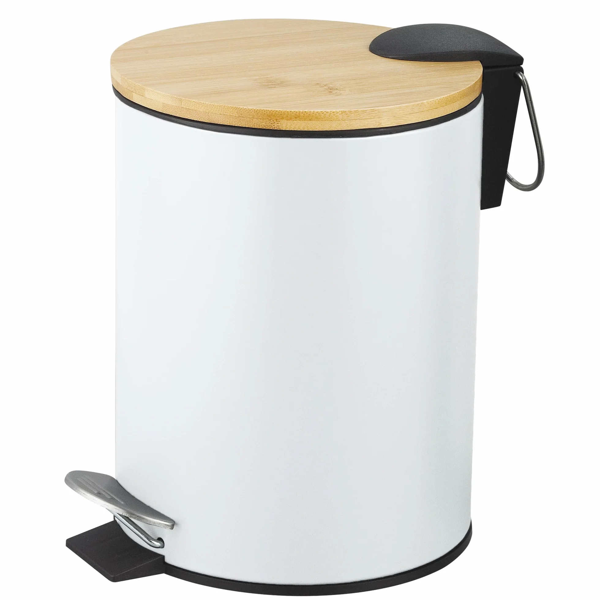 Amig - Cubo de Basura para Baño con Pedal 3 Litros Mod. Naturline - Color Blanco y Bambú - Apertura Higiénica sin Manos - Ø16,8 x 23 cm - Acero Inoxidable Lacado - Papelera Redonda con Tapa Hermética