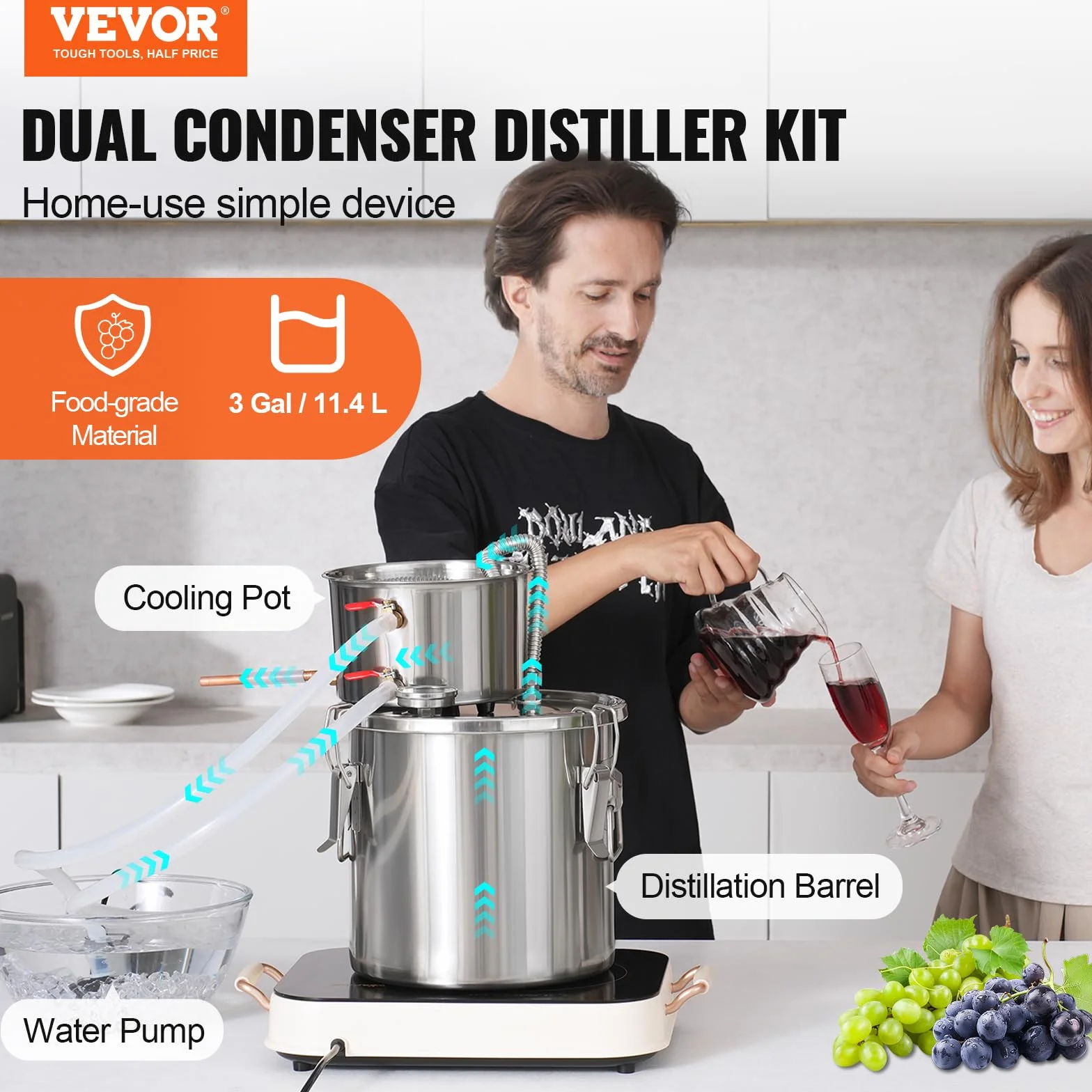 VEVOR Destilador de Alcohol de Acero Inoxidable 11,4 L Kit Fermentación Cerveza Casera con Termómetro Doble Pantalla