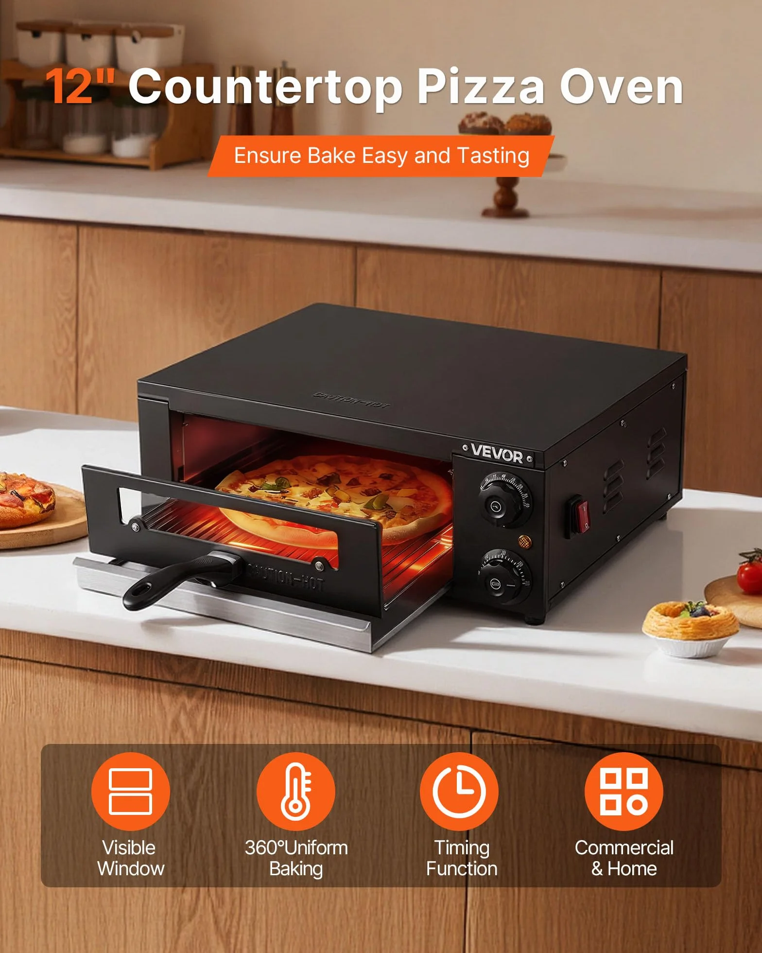 VEVOR Horno Eléctrico para Pizza, 1450W, 25-300°C, 475x536x187mm, Control de Tiempo y Temperatura