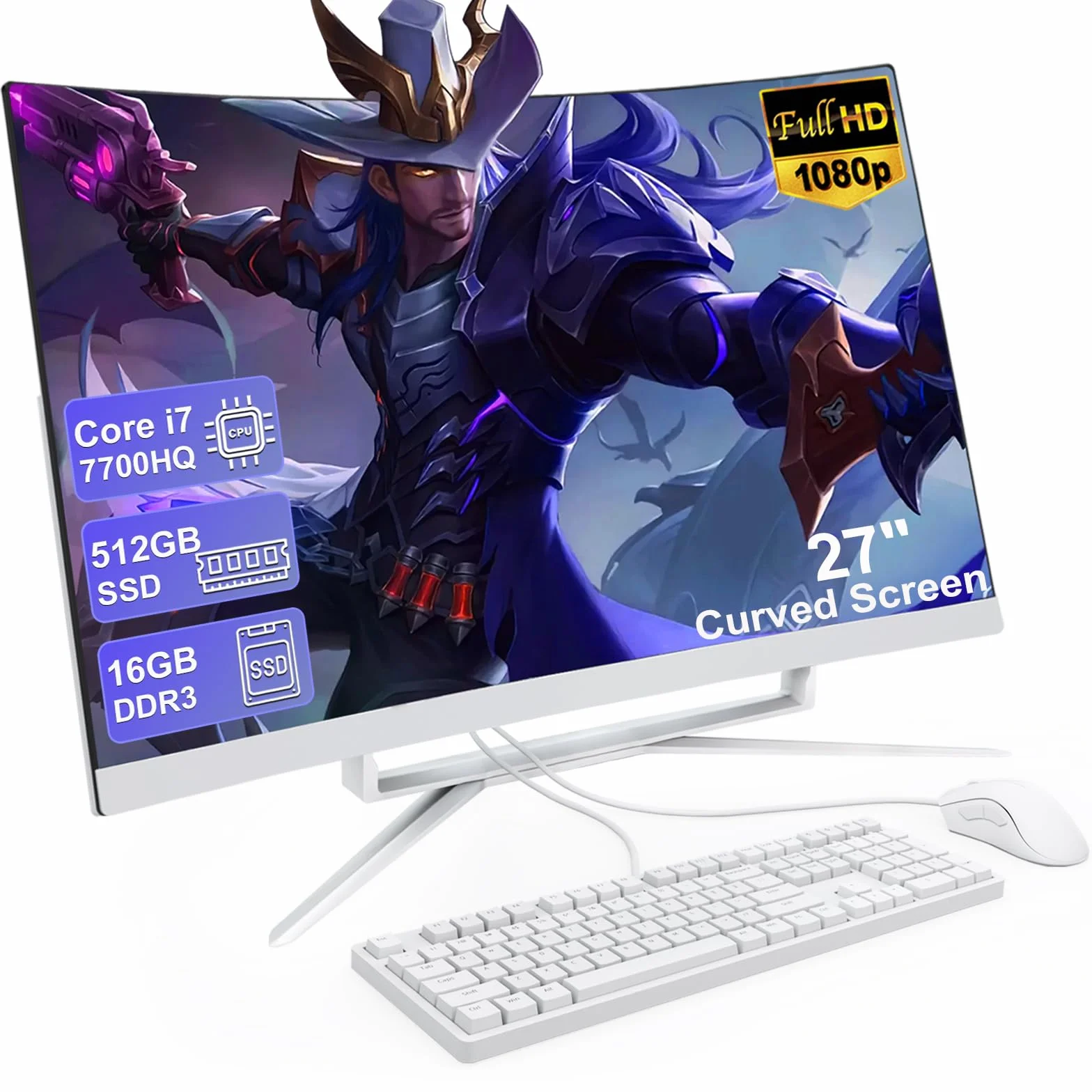 27 Pulgadas Computadora Todo en Uno, Pantalla FHD Curva, Ordenador Todo-en-Uno 16GB DDR3 512GB ROM SSD Core i7 7700HQ Bluetooth WiFi de Doble Banda con ratón y Teclado cableado