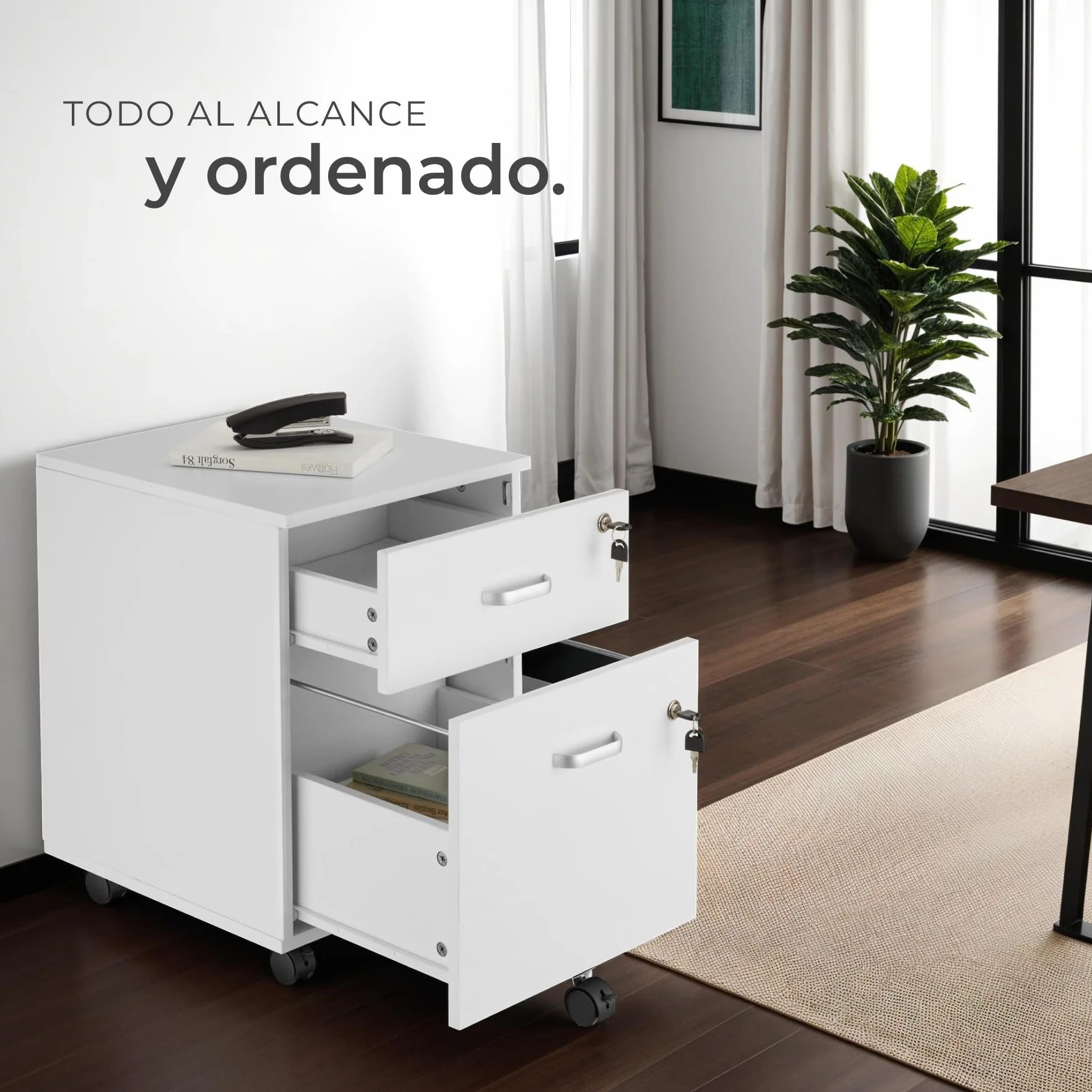 Cajonera con Ruedas Blanco, Armario Escritorio con 2 Cajones y Cerradura para Oficina