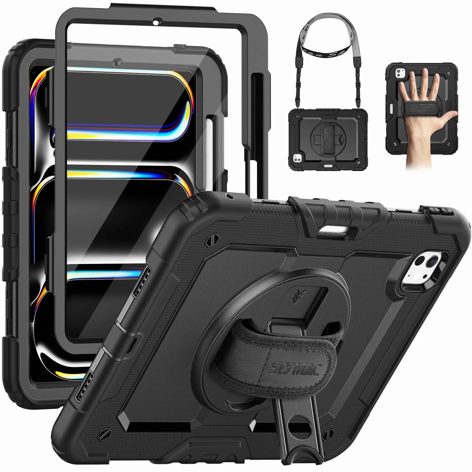 SEYMAC Funda para iPad Pro 11 Pulgadas M5/M4 2025/2024, Funda Resistente a Impactos con Protección para Pantalla, Soporte Giratorio 360°, Correa para el Hombro y Soporte para Lápiz, Negro