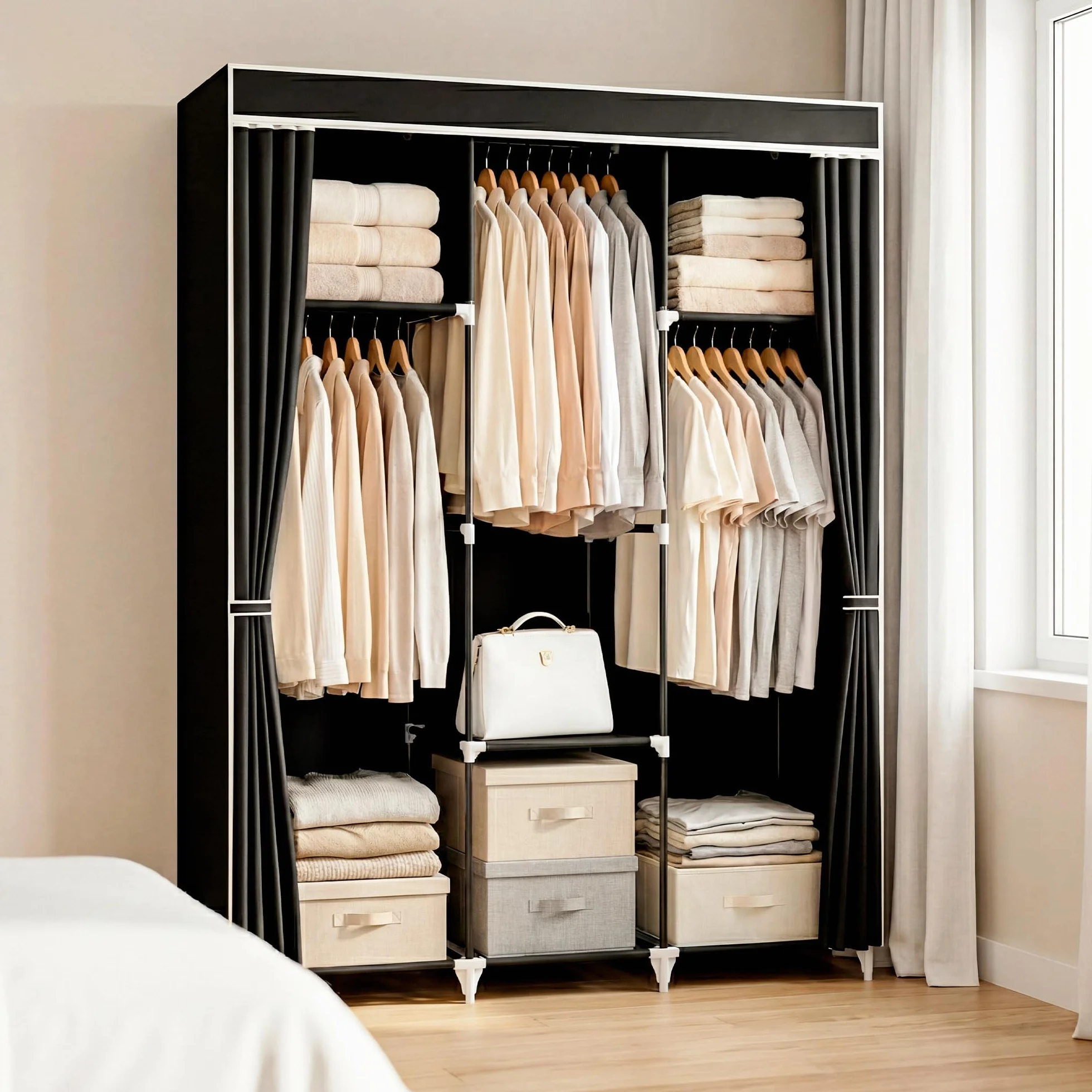 JUPPLIES Armario de Tela Portátil 45x127x168 cm Estanterías Bolsillos Laterales Barras Colgar Ropa Plegable Ligero