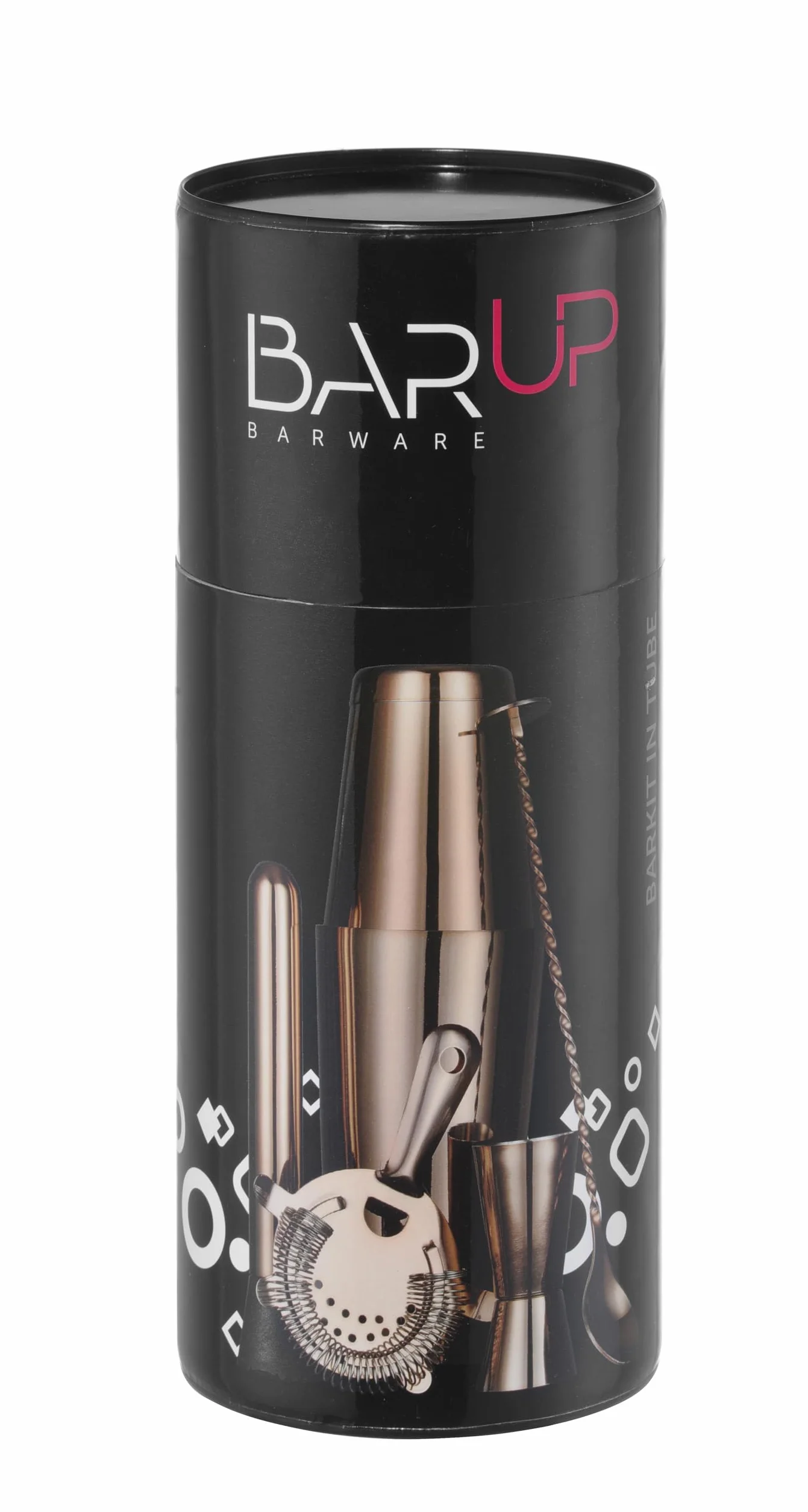 HENDI Conjunto de bar en un tubo, BarUp, utensilios para el barman: coctelera Boston Tin-on-Tin, colador Hawthorne, jigger, machacador y cuchara de barra, ø120x(H)320mm, acero inoxidable cobreado