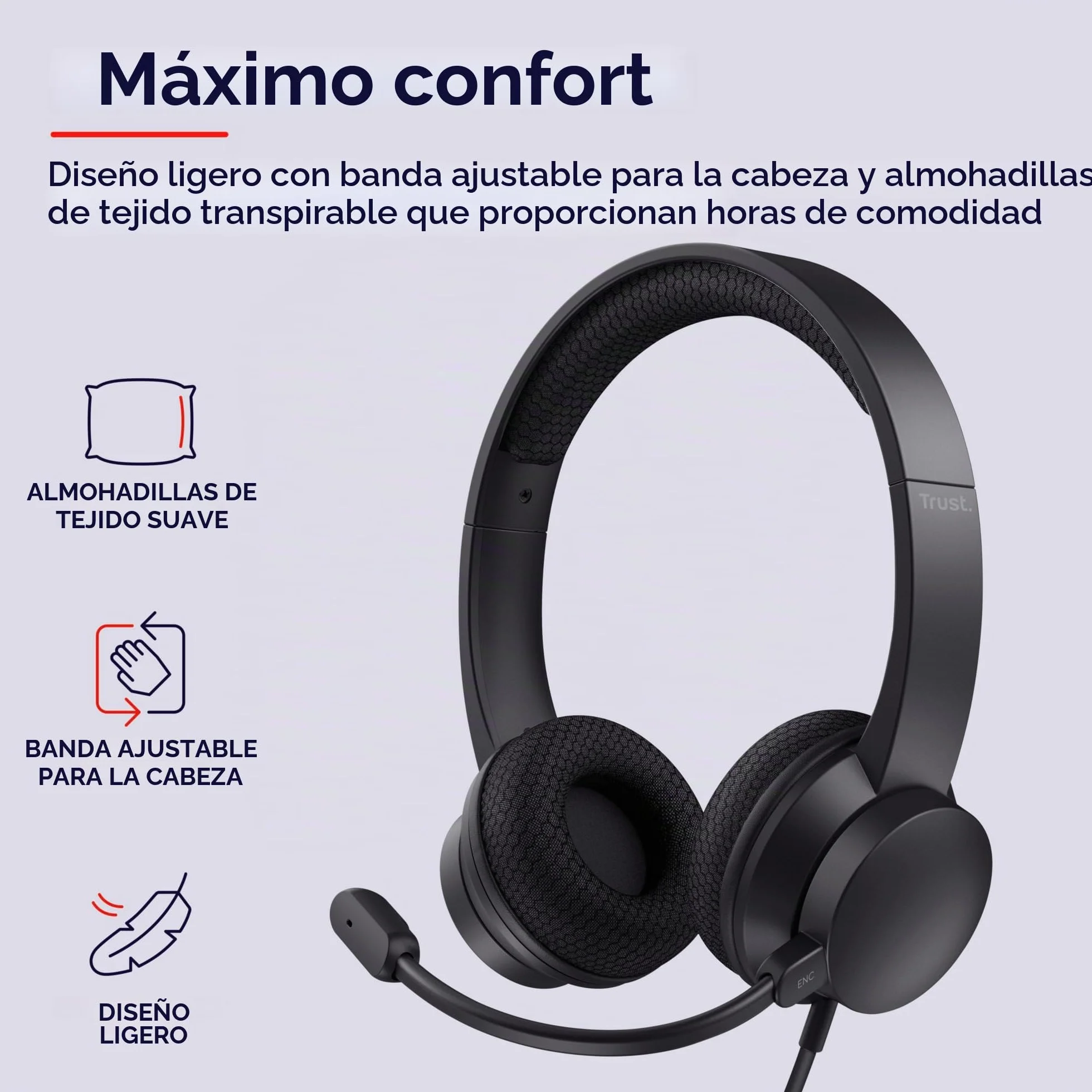 Trust Ayda USB Auriculares con Micrófono PC ENC con Cancelación de Ruido, 65% Plástico Reciclado, Cable 1,8 m, Control de Volumen Supraaural, Cascos On Ear USB-C Ordenador, Portátil, Teams, Negro