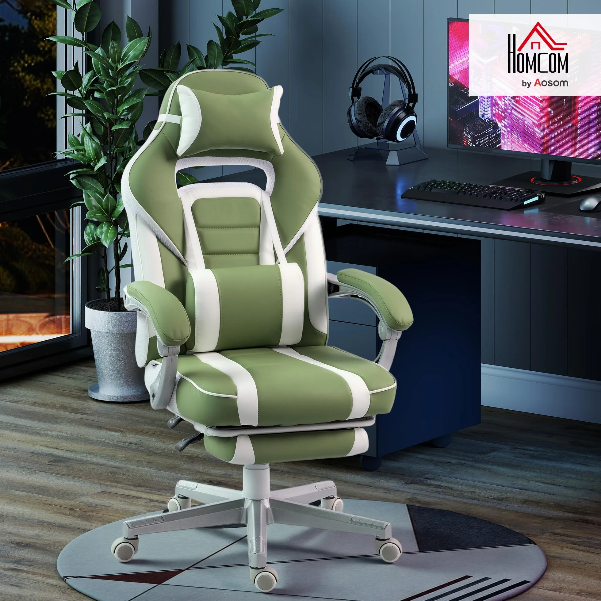 HOMCOM Silla Gaming Reclinable Altura Ajustable Reposapiés Retráctil Soporte Lumbar Reposacabezas Desmontable Verde