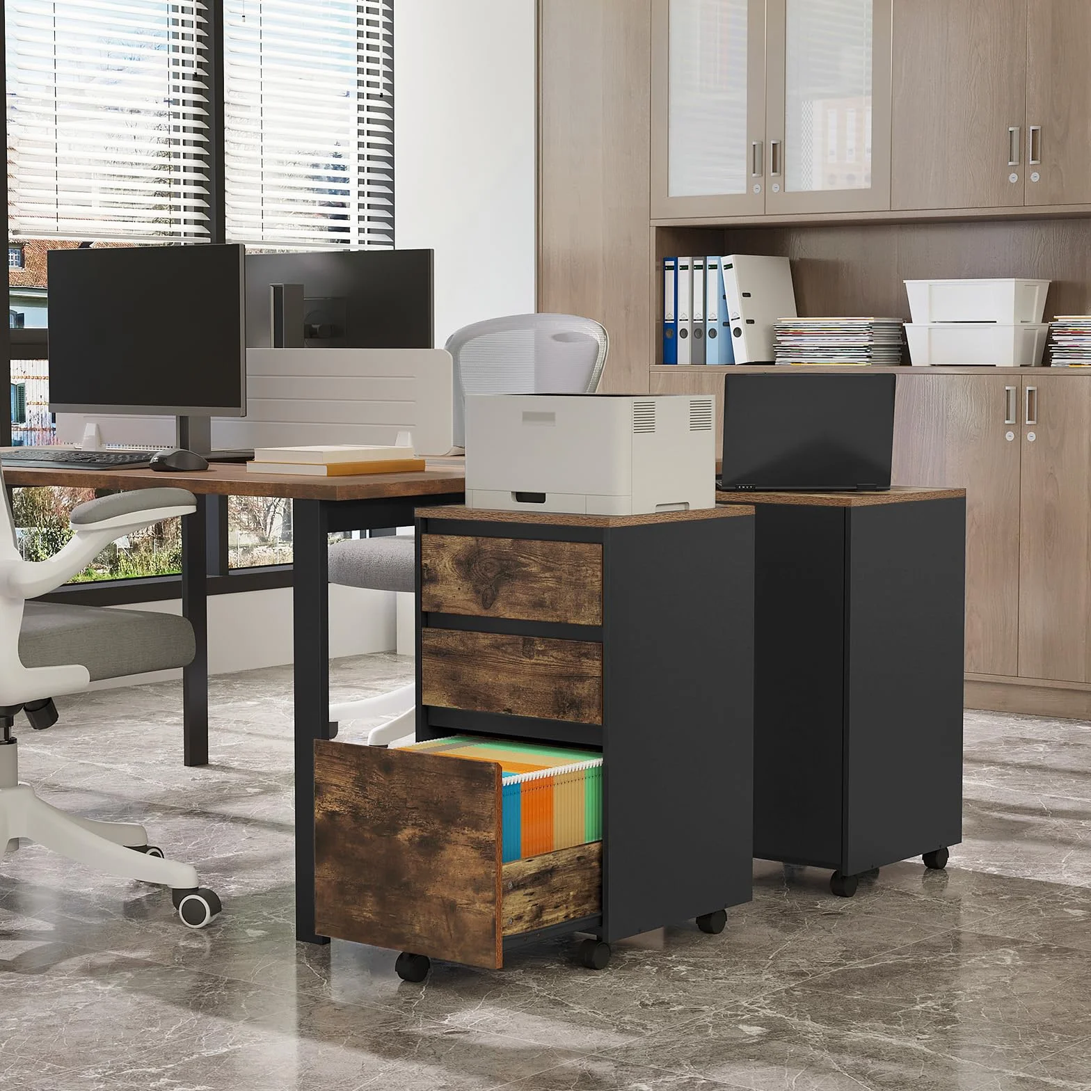 WOLTU Archivador Móvil 3 Cajones Cajonera 5 Ruedas Roble Marrón Negro 40x40x71.5 cm