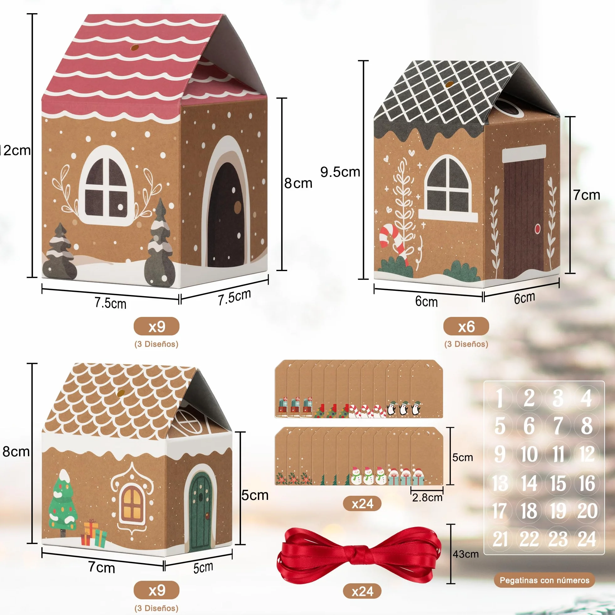 Calendario de Adviento DIY Kit 24 Casas con Pegatinas, Cintas y Etiquetas