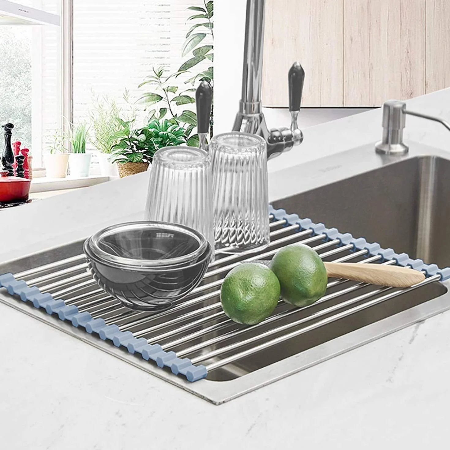 Seropy Escurridor de platos enrollable sobre fregadero, acero inoxidable, plegable