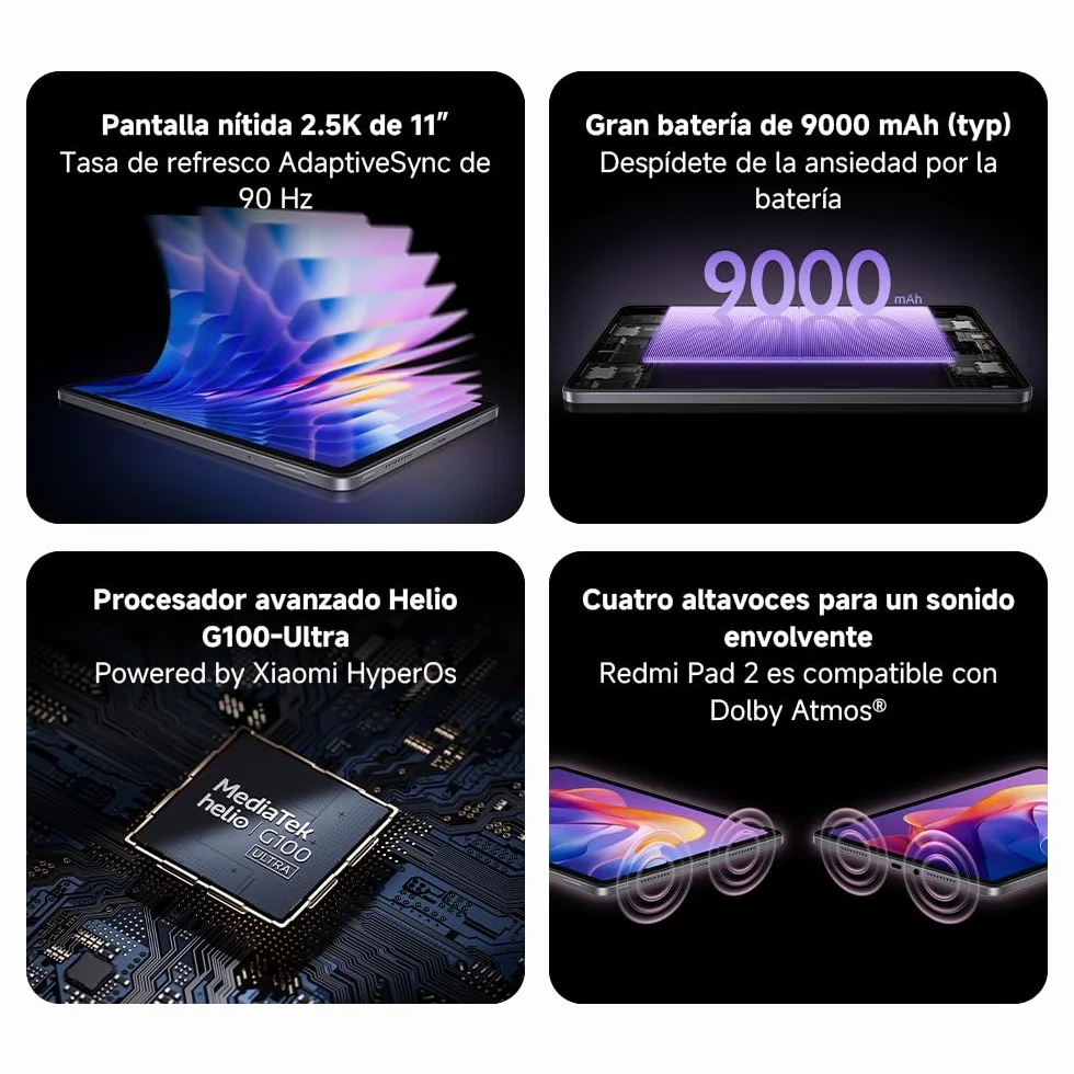 XIAOMI Redmi Pad 2 - Tablet de 11" 2.5K (MediaTek G100-Ultra, 4GB de RAM, 128GB de ROM, WiFi 5 + Bluetooth 5.3, Batería de 9000 mAh, Cargador no Incluido), Gris (Versión ES)